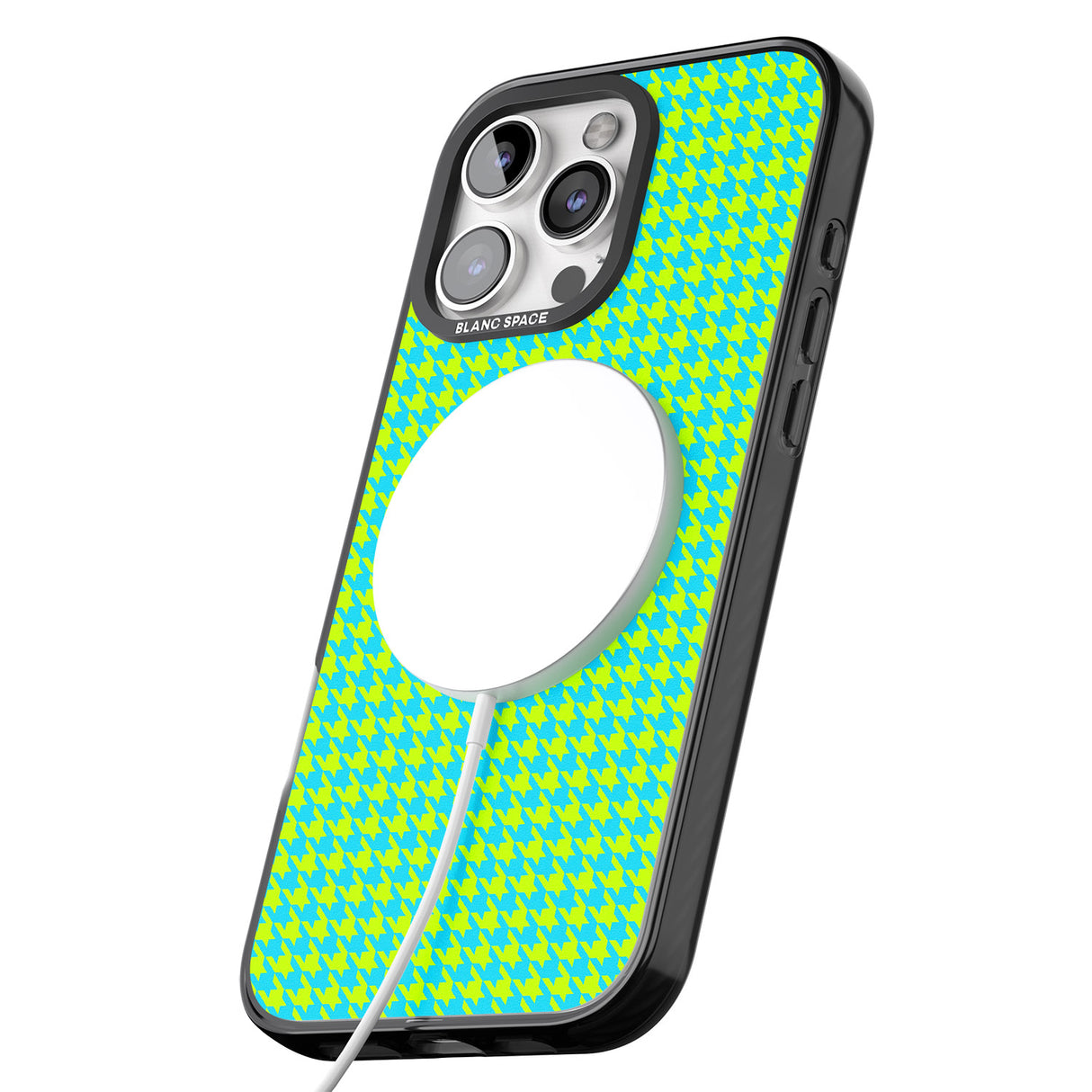 iPhone 16 Pro Max Neon Lime & Turquoise Houndstooth Pattern Black Impact Phone Case