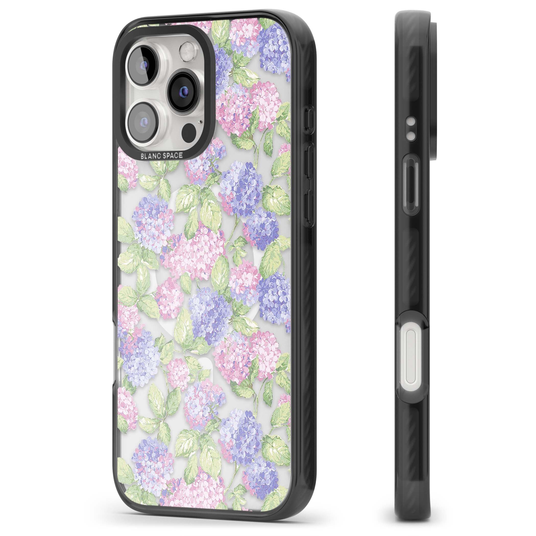 Cottage Hydrangea cottagecore iPhone case featuring pink and purple hydrangea blooms with green leaves on a clear background | Black Impact Magsafe case for iPhone 16 Pro, iPhone 16 Pro Max