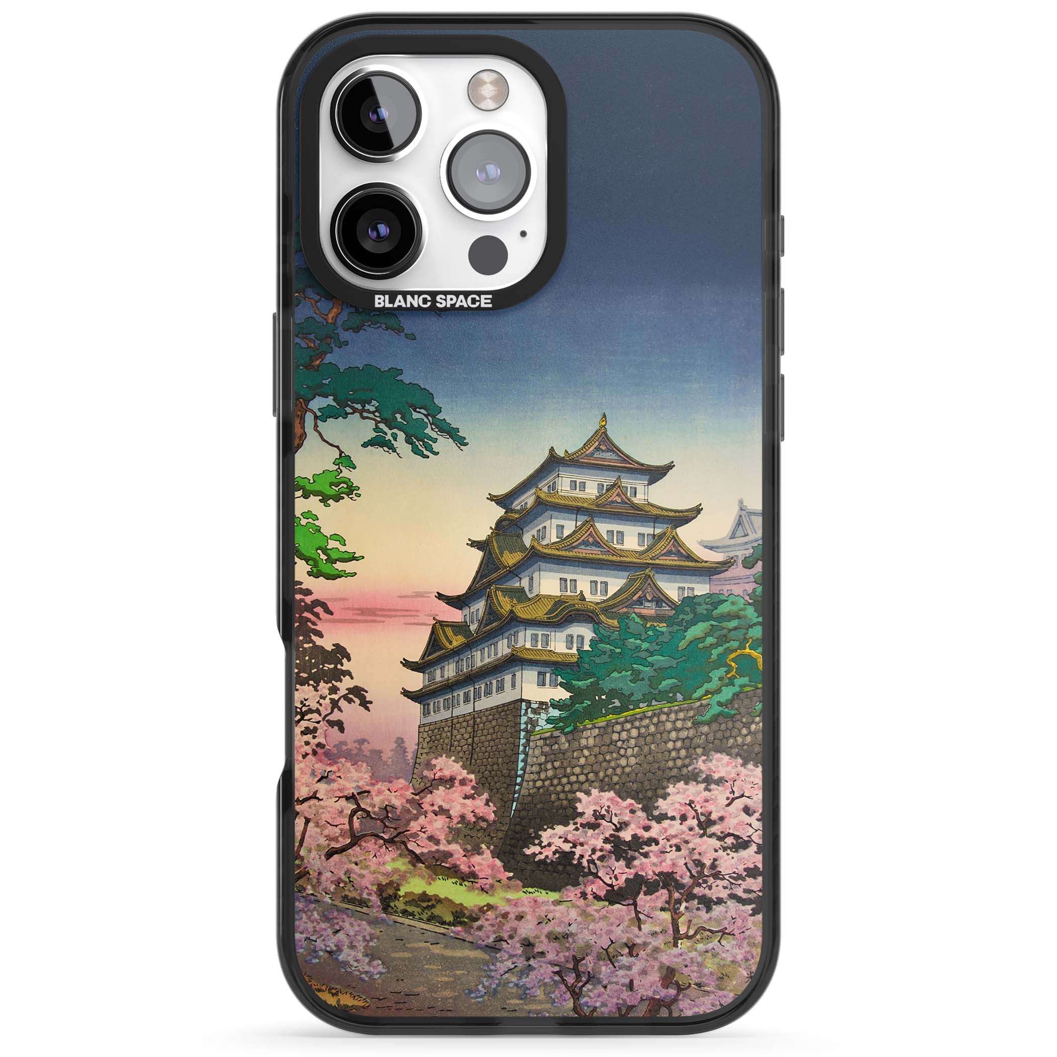 Nagoya Castle Japanese iPhone case featuring a vintage pagoda, twilight sky and cherry blossom trees | Black Impact Magsafe case for iPhone 16 Pro, iPhone 16 Pro Max