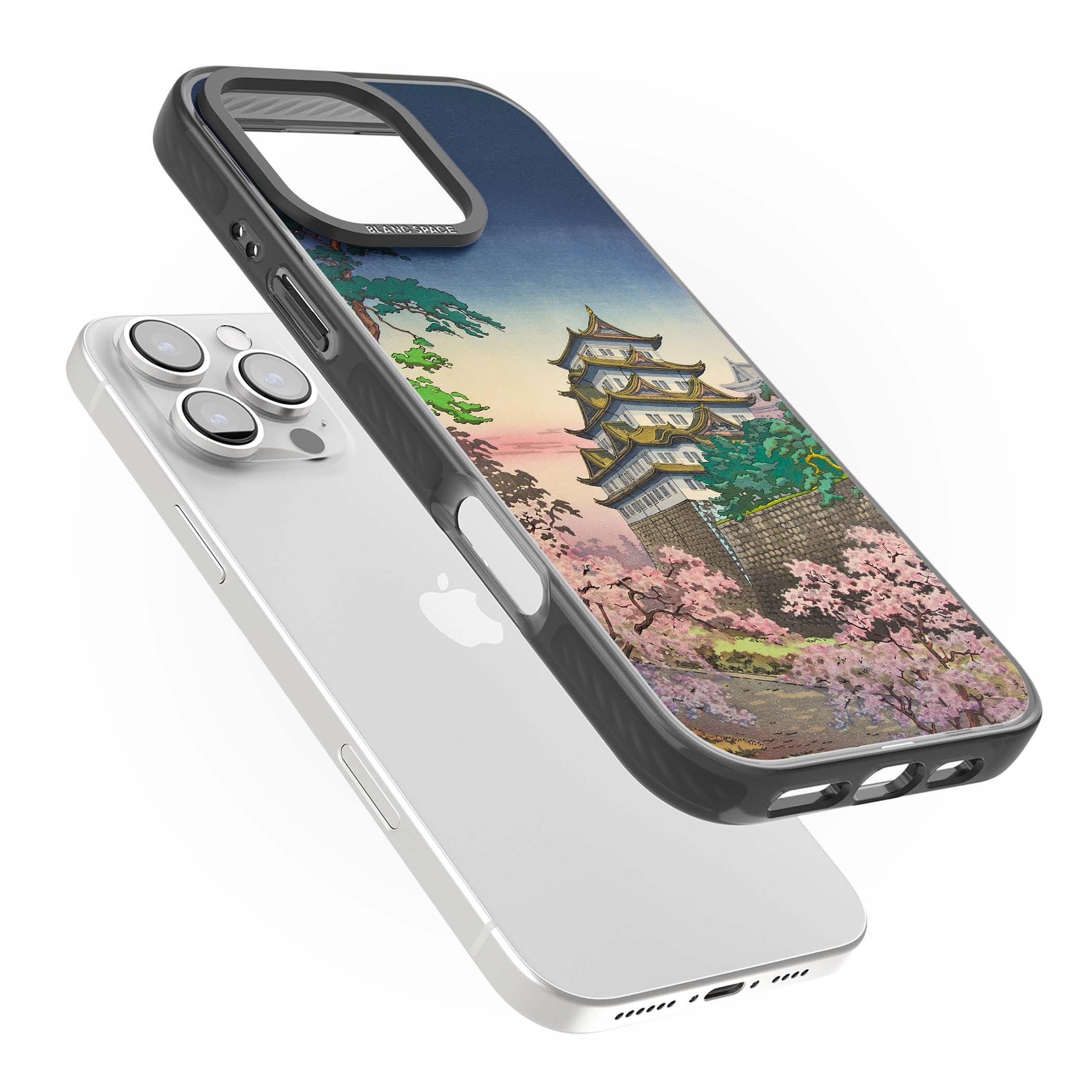Nagoya Castle Japanese iPhone case featuring a vintage pagoda, twilight sky and cherry blossom trees | Black Impact Magsafe case for iPhone 16 Pro, iPhone 16 Pro Max