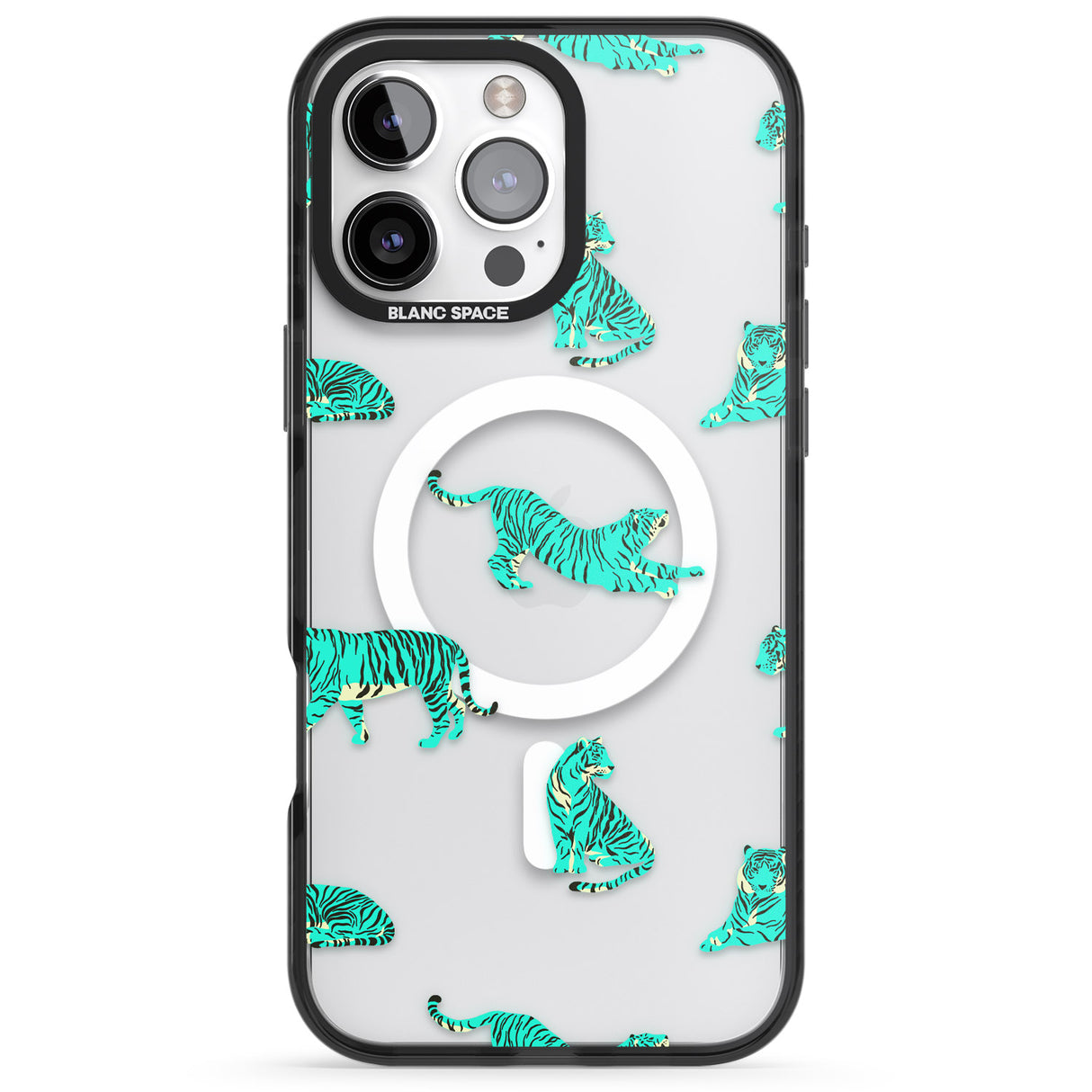 iPhone 16 Pro Max Turquoise Tiger Jungle Cat Pattern Black Impact Phone Case