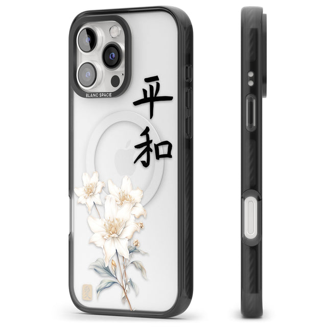 Peace and Flowers Black Impact Magsafe Phone Case for iPhone 16 Pro, iPhone 16 Pro Max