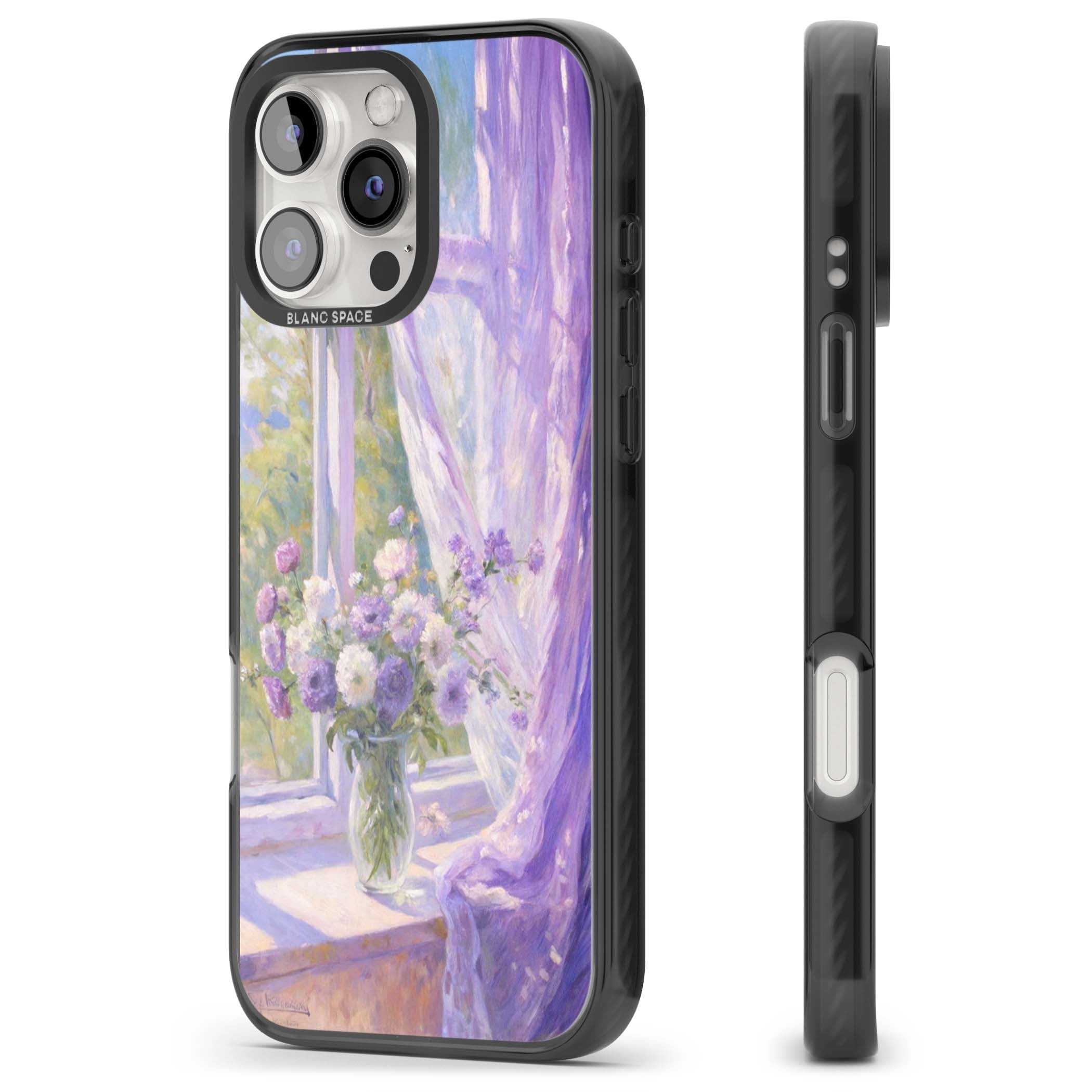 A Provence Morning impressionist art iPhone case featuring a vase of purple flowers, sunlit window and sheer curt | Black Impact Magsafe case for iPhone 16 Pro, iPhone 16 Pro Max