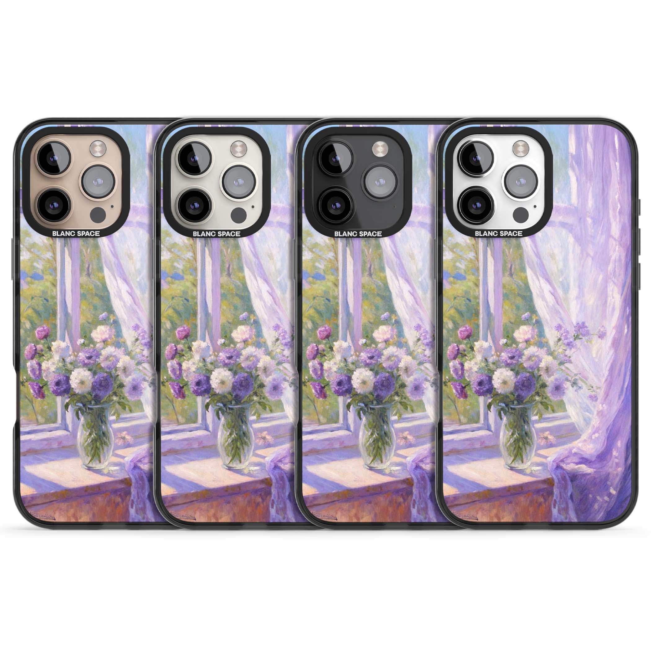 A Provence Morning impressionist art iPhone case featuring a vase of purple flowers, sunlit window and sheer curt | Black Impact Magsafe case for iPhone 16 Pro, iPhone 16 Pro Max