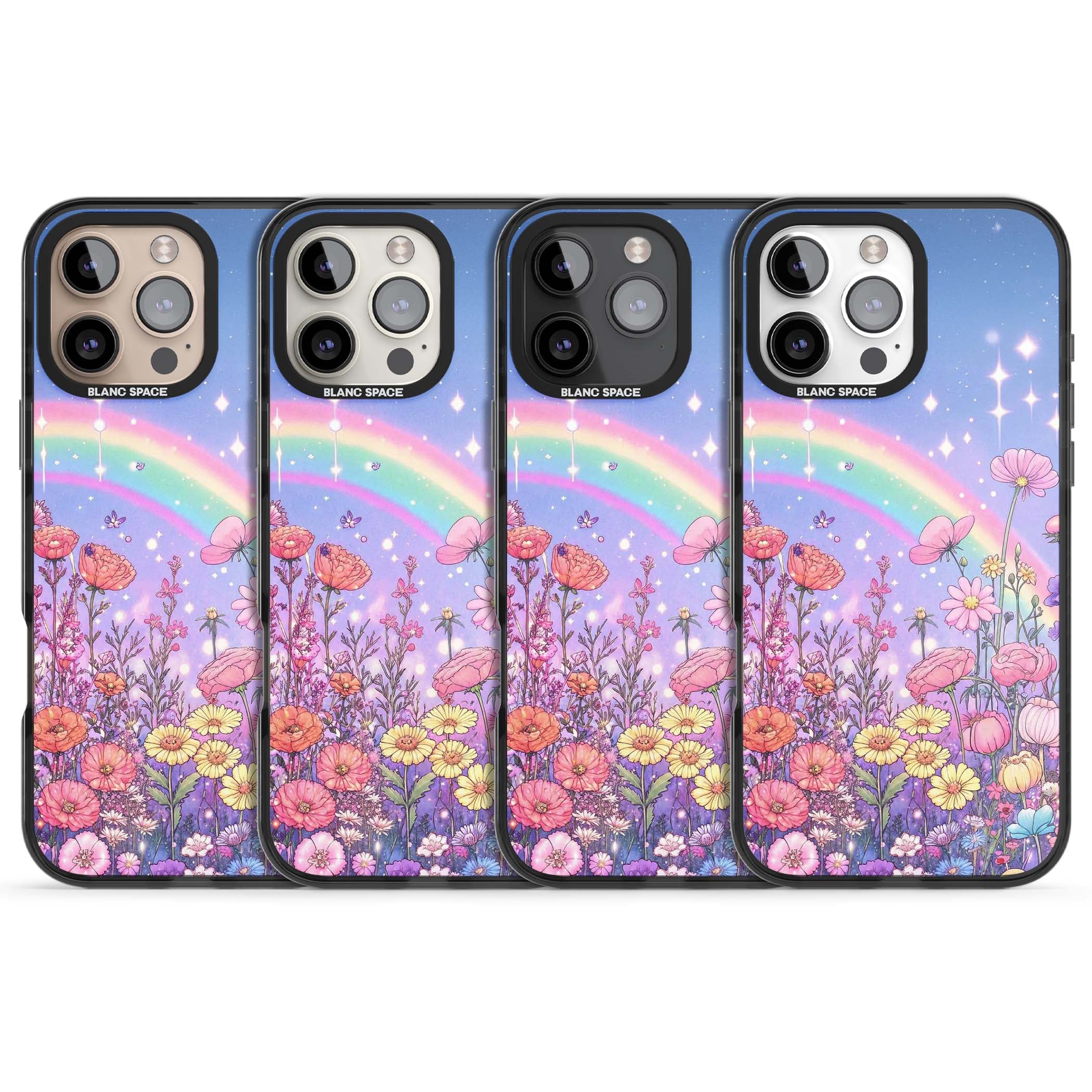 Magical Meadow fairycore iPhone case featuring a pastel rainbow, sparkling stars and a wildflower meadow | Black Impact Magsafe case for iPhone 16 Pro, iPhone 16 Pro Max