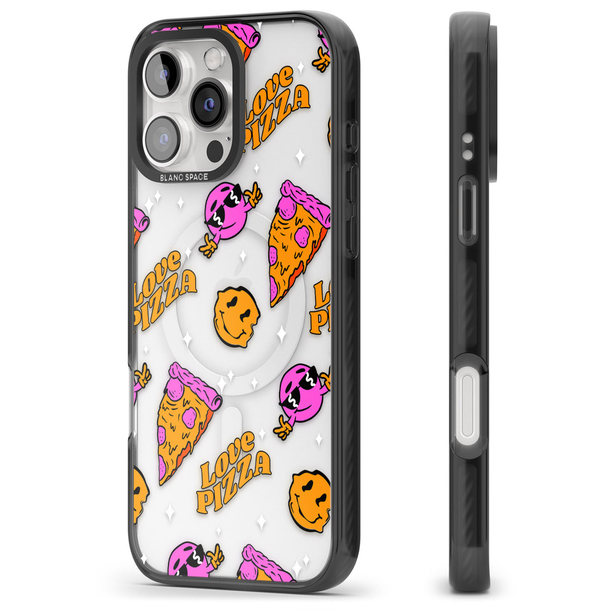 iPhone 16 Pro Max Psychedelic Love Pizza Pattern (Clear) Black Impact Phone Case