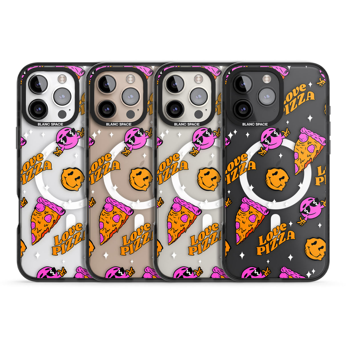 iPhone 16 Pro Max Psychedelic Love Pizza Pattern (Clear) Black Impact Phone Case