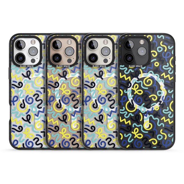 iPhone 16 Pro Max Blue & Yellow Shapes Memphis Retro Pattern Design Black Impact Phone Case