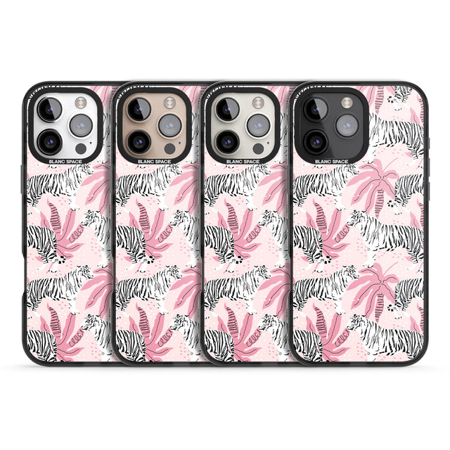 iPhone 16 Pro Max White Tigers on Pink Pattern Black Impact Phone Case