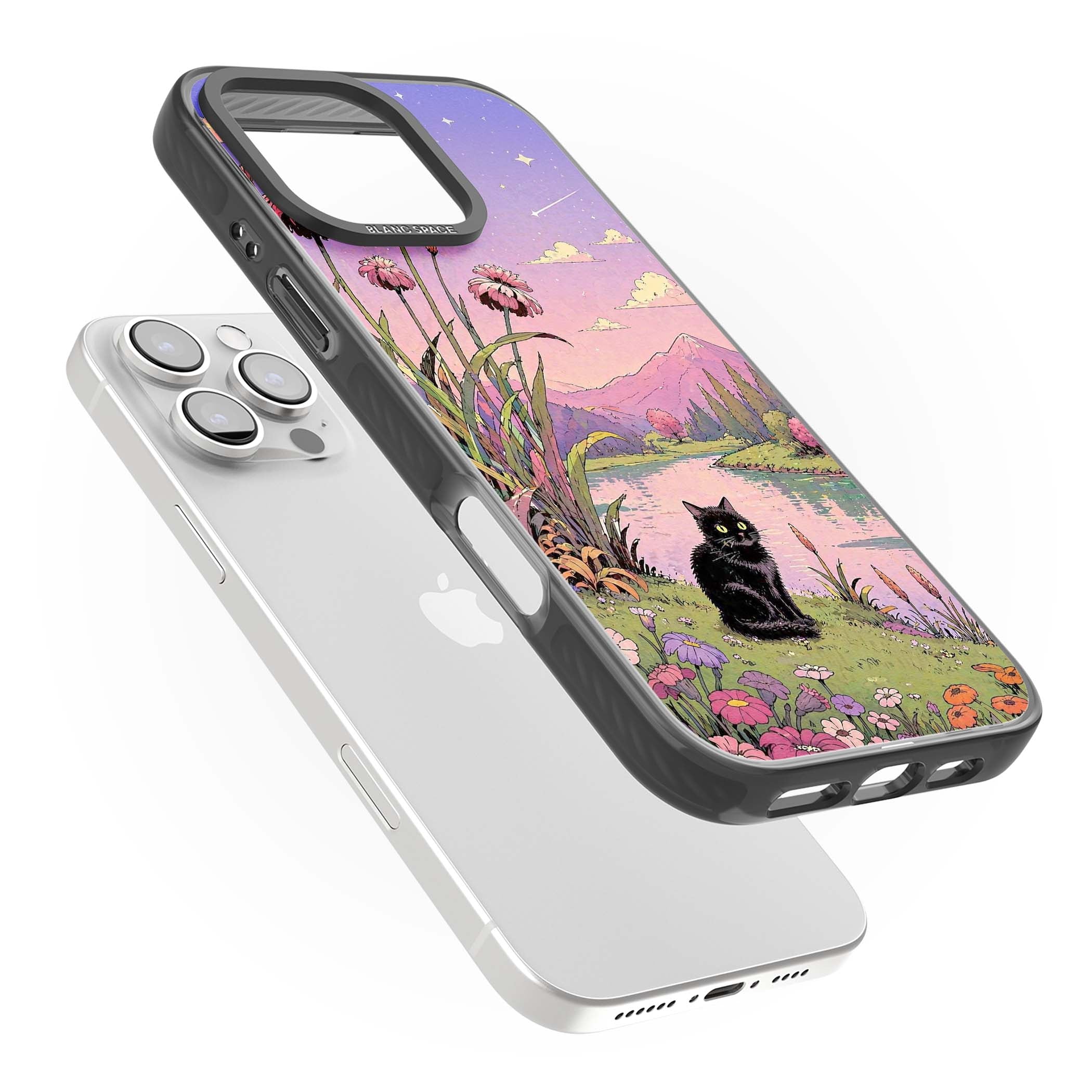 Mystic Whiskers ghibli iPhone case featuring a black cat by a pastel lake, wildflowers and a starry sunset sky | Black Impact Magsafe case for iPhone 16 Pro, iPhone 16 Pro Max