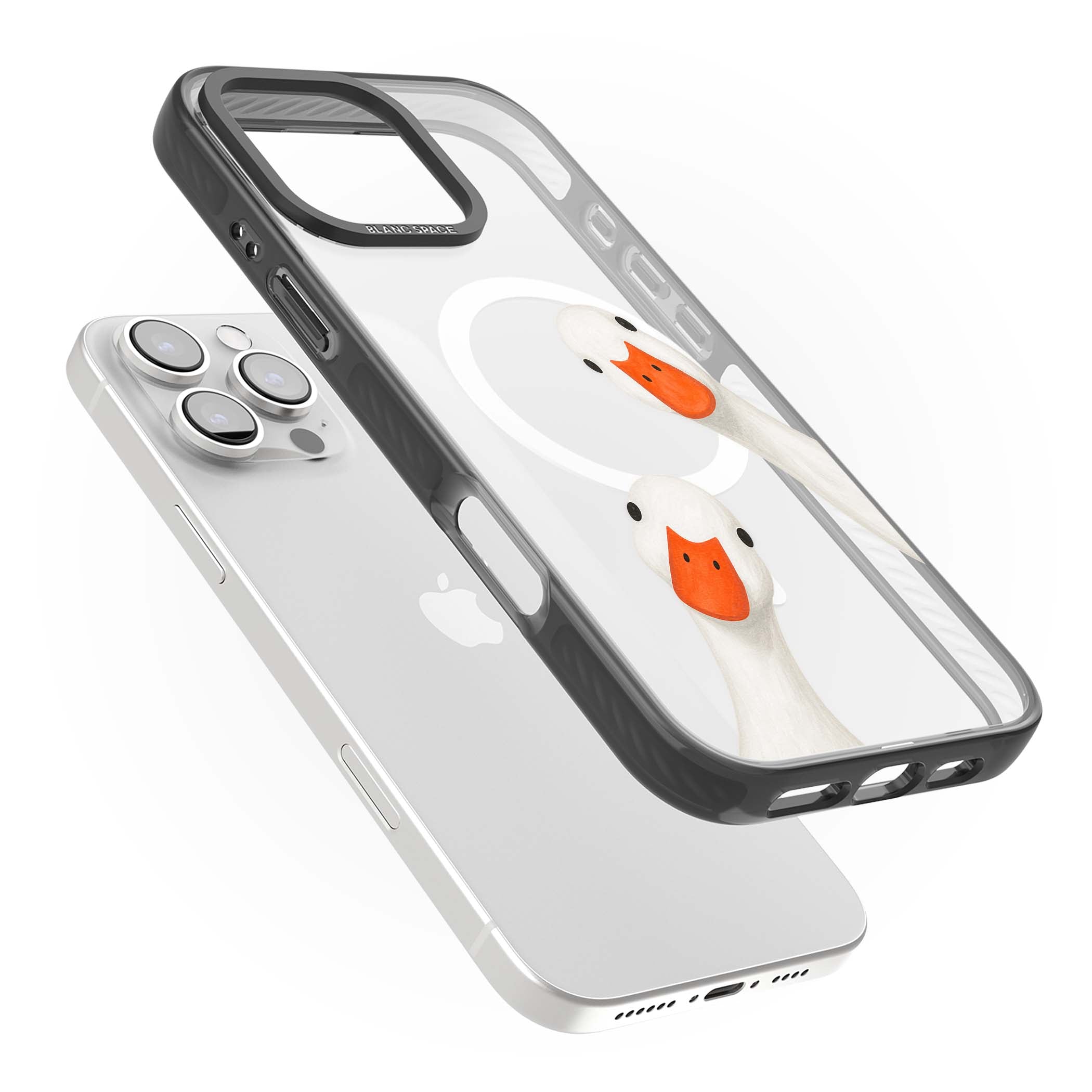 Nosy Ducks cottagecore iPhone case featuring two peeking white ducks with orange beaks on a clear background | Black Impact Magsafe case for iPhone 16 Pro, iPhone 16 Pro Max