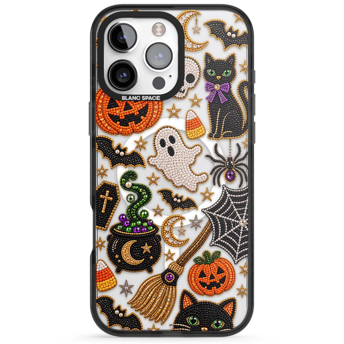 Beaded Halloween Halloween iPhone case featuring beaded pumpkins, ghosts, black cats and bats | Black Impact Magsafe case for iPhone 16 Pro, iPhone 16 Pro Max