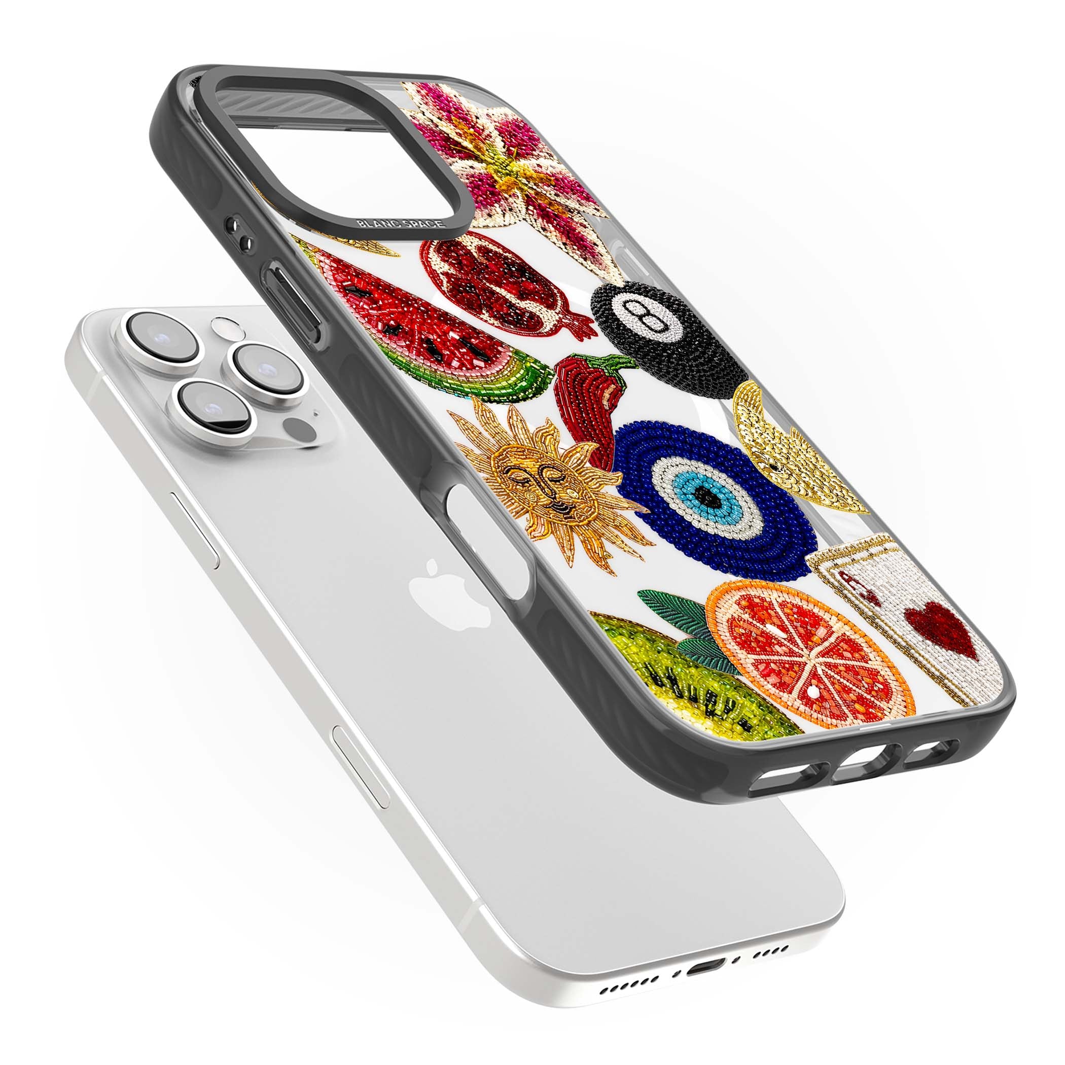 Beaded Charms embroidery iPhone case featuring beaded evil eye, fruit patches and a golden sun motif | Black Impact Magsafe case for iPhone 16 Pro, iPhone 16 Pro Max