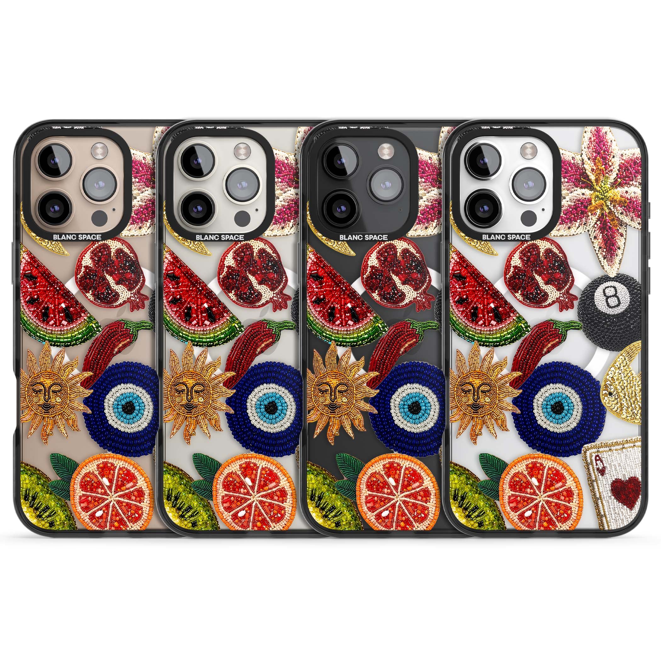 Beaded Charms embroidery iPhone case featuring beaded evil eye, fruit patches and a golden sun motif | Black Impact Magsafe case for iPhone 16 Pro, iPhone 16 Pro Max
