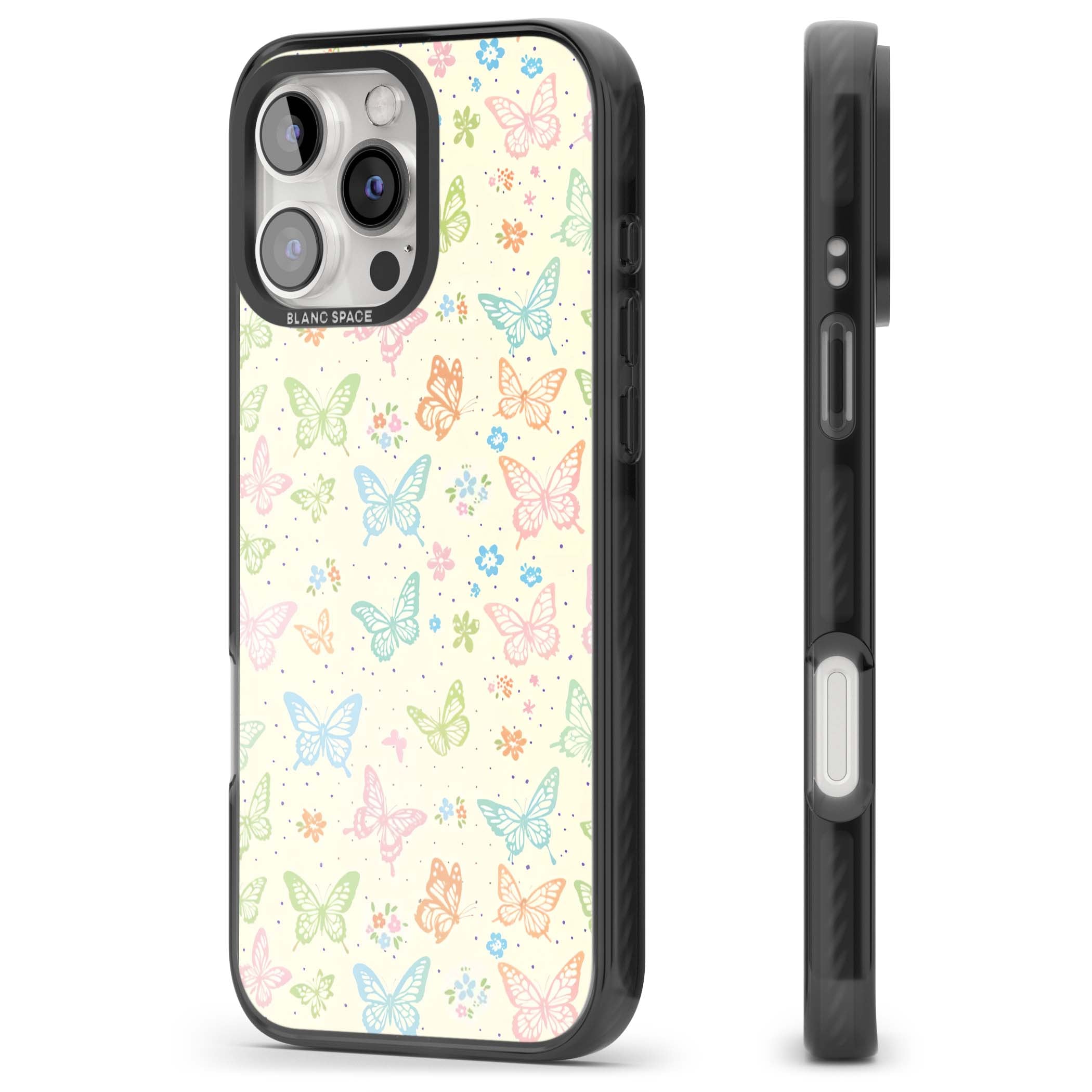 Sugar Wings cottagecore iPhone case featuring rainbow pastel butterflies, tiny wildflowers, and a cream background | Black Impact Magsafe case for iPhone 16 Pro, iPhone 16 Pro Max