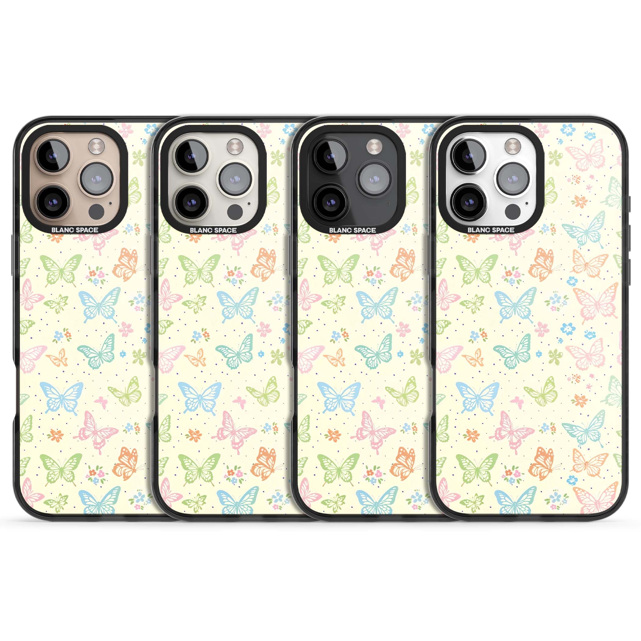 Sugar Wings cottagecore iPhone case featuring rainbow pastel butterflies, tiny wildflowers, and a cream background | Black Impact Magsafe case for iPhone 16 Pro, iPhone 16 Pro Max