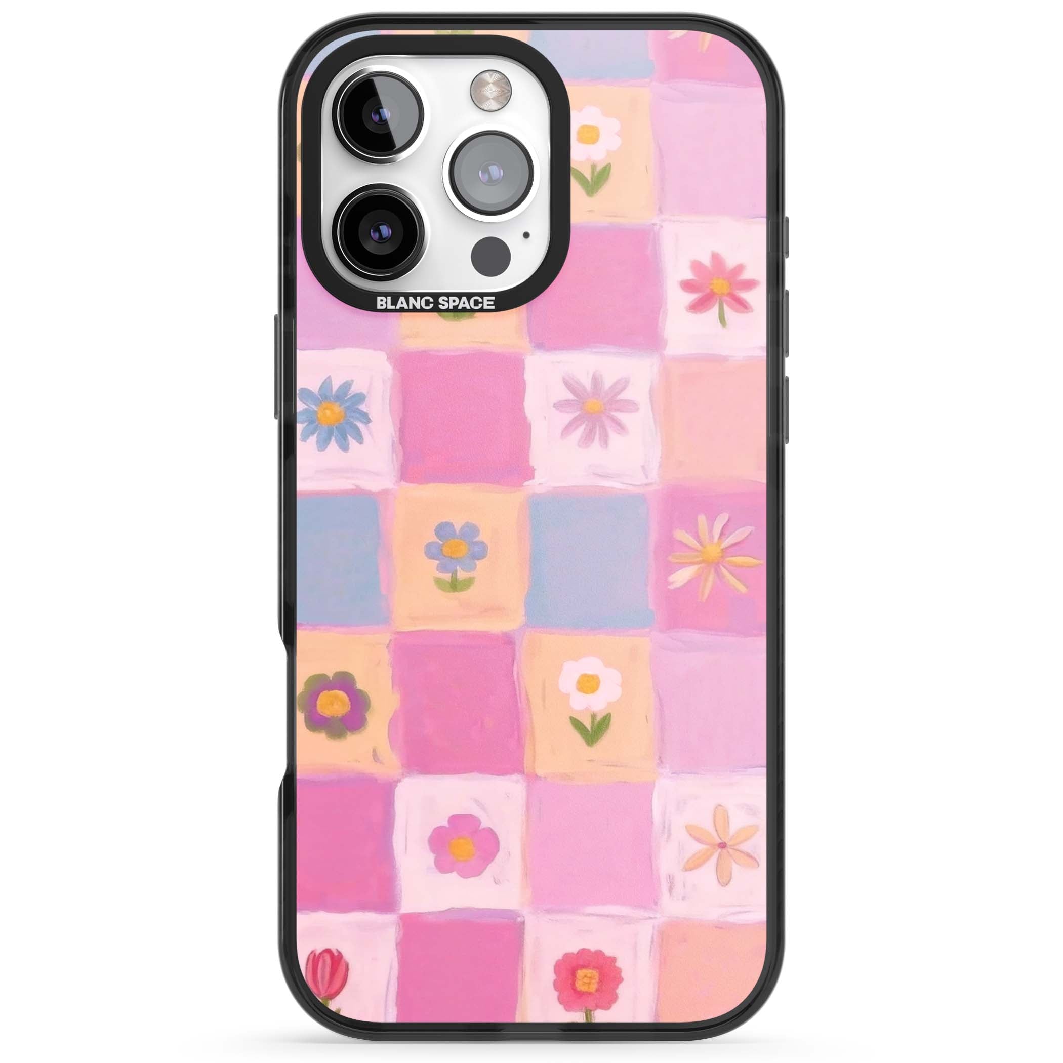 Pastel Flower Patchwork cottagecore iPhone case featuring painted pink and lilac squares with daisies and wildflowers | Black Impact Magsafe case for iPhone 16 Pro, iPhone 16 Pro Max