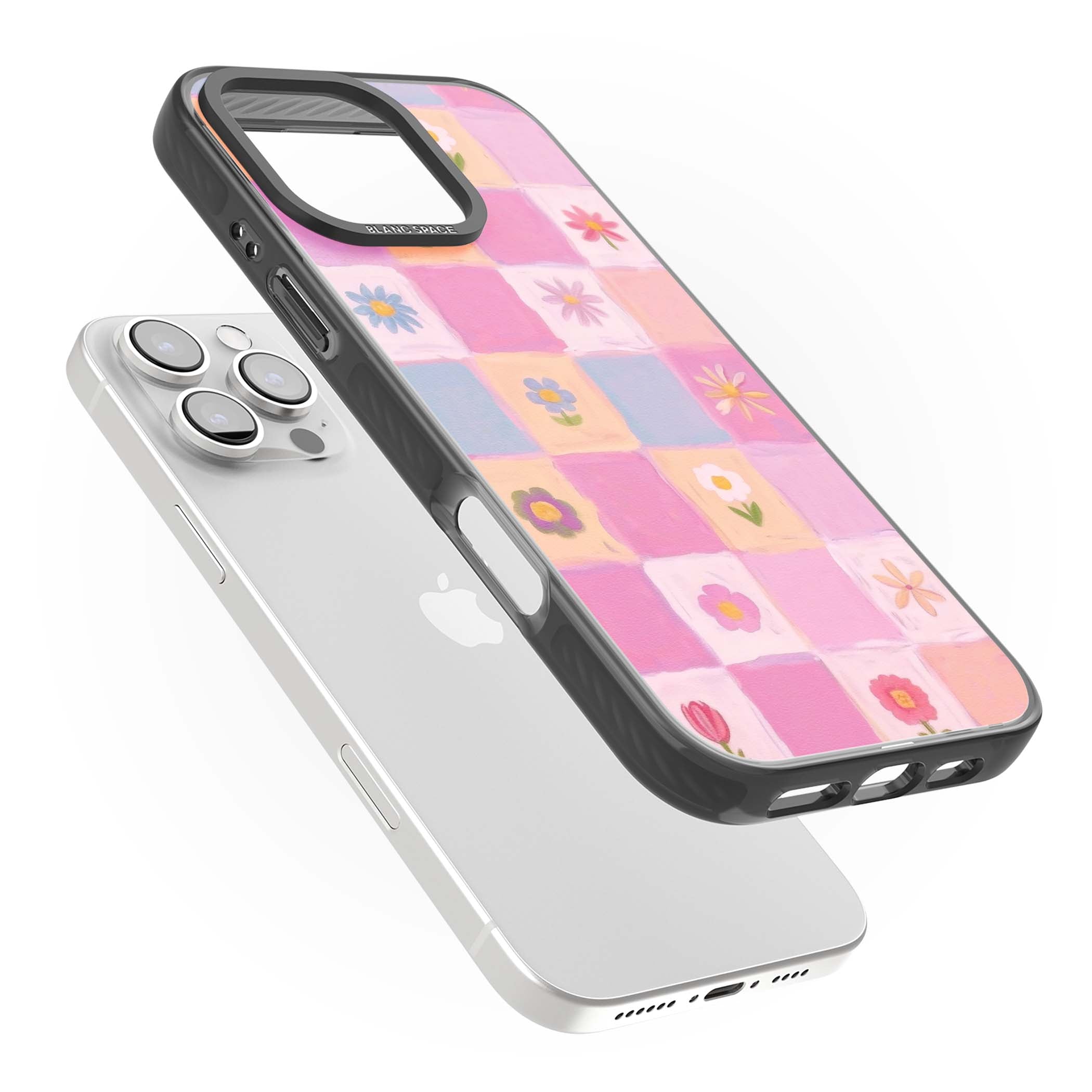 Pastel Flower Patchwork cottagecore iPhone case featuring painted pink and lilac squares with daisies and wildflowers | Black Impact Magsafe case for iPhone 16 Pro, iPhone 16 Pro Max