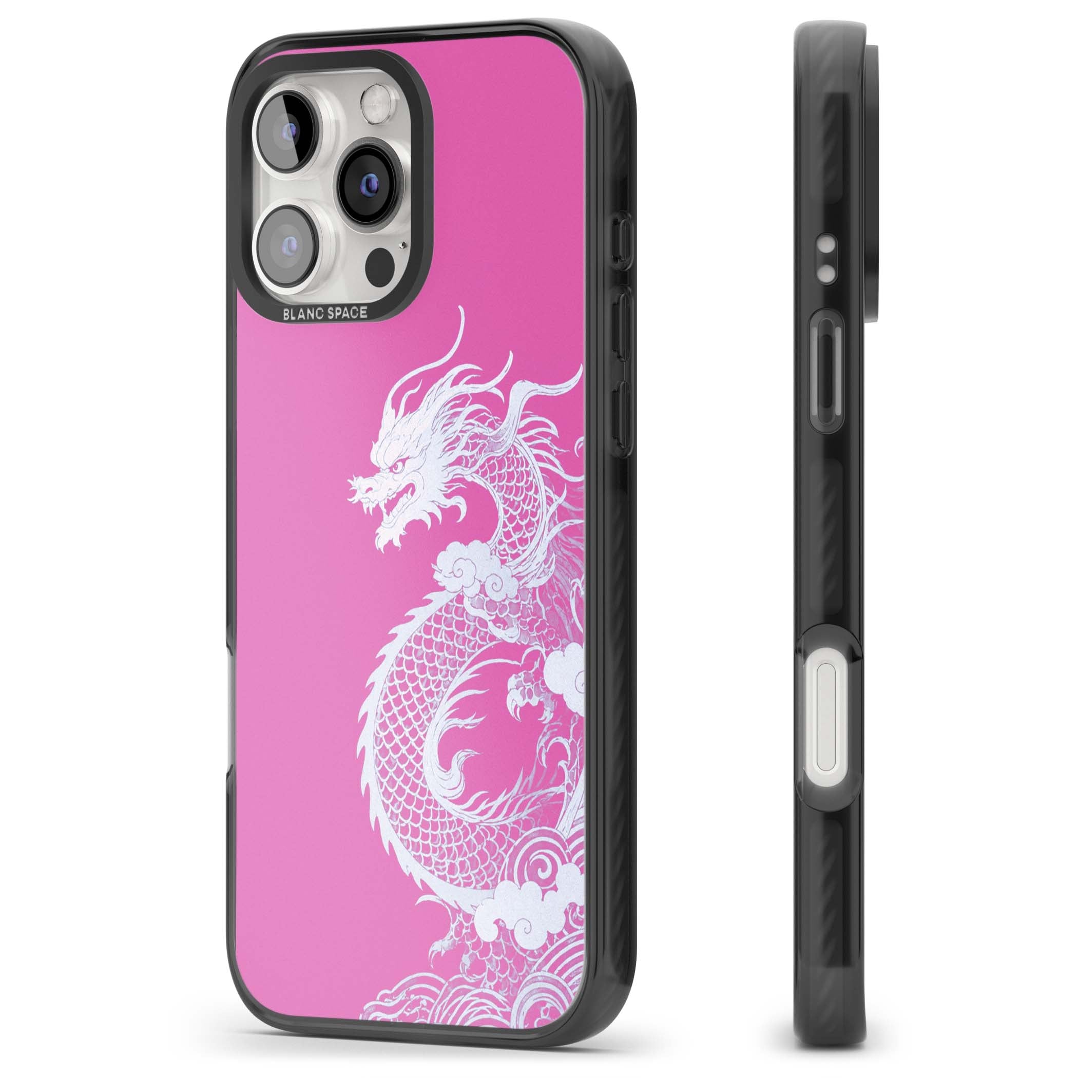 Pink Empress chinese dragon iPhone case featuring a white dragon, swirling clouds and pink dragon wallpaper backdrop | Black Impact Magsafe case for iPhone 16 Pro, iPhone 16 Pro Max
