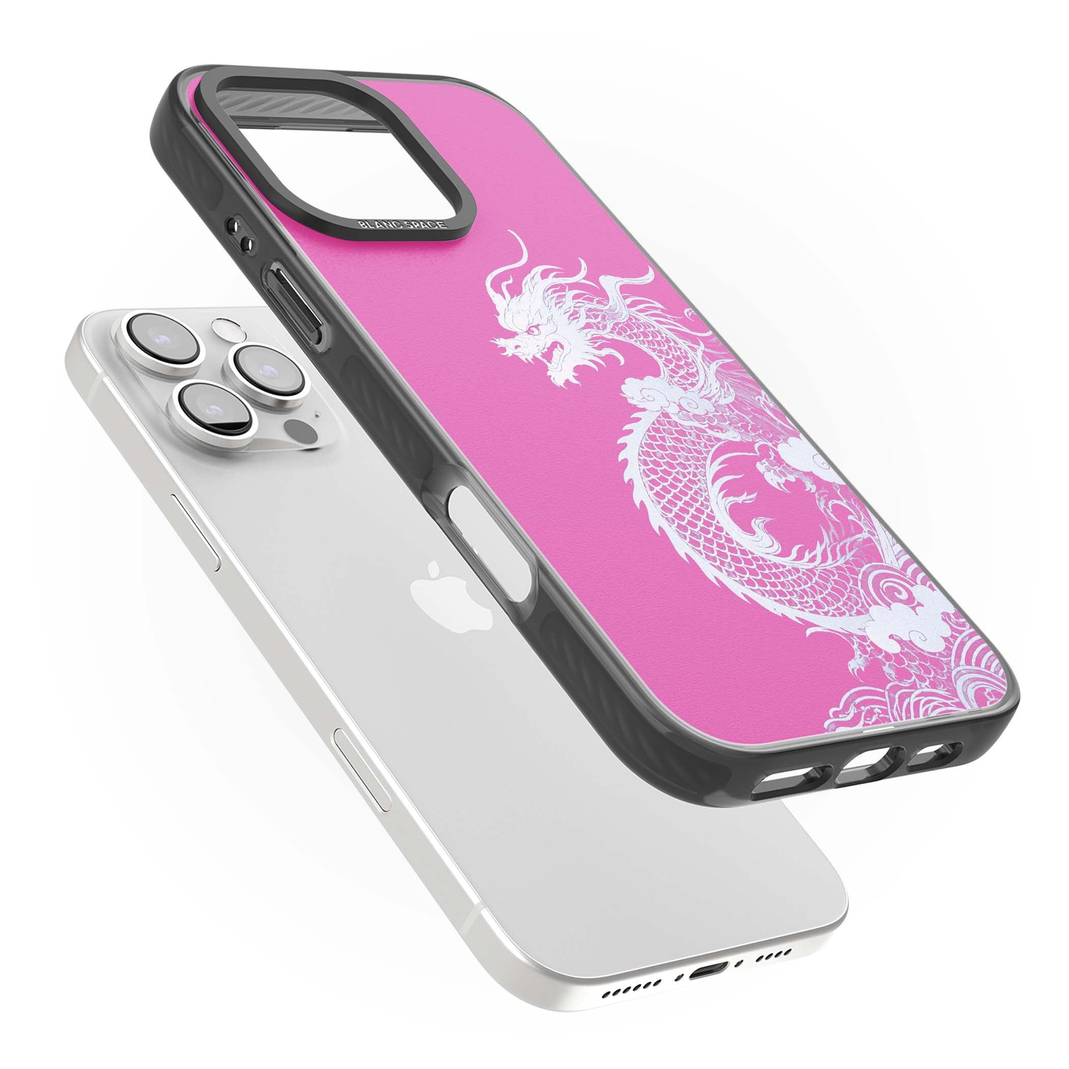 Pink Empress chinese dragon iPhone case featuring a white dragon, swirling clouds and pink dragon wallpaper backdrop | Black Impact Magsafe case for iPhone 16 Pro, iPhone 16 Pro Max