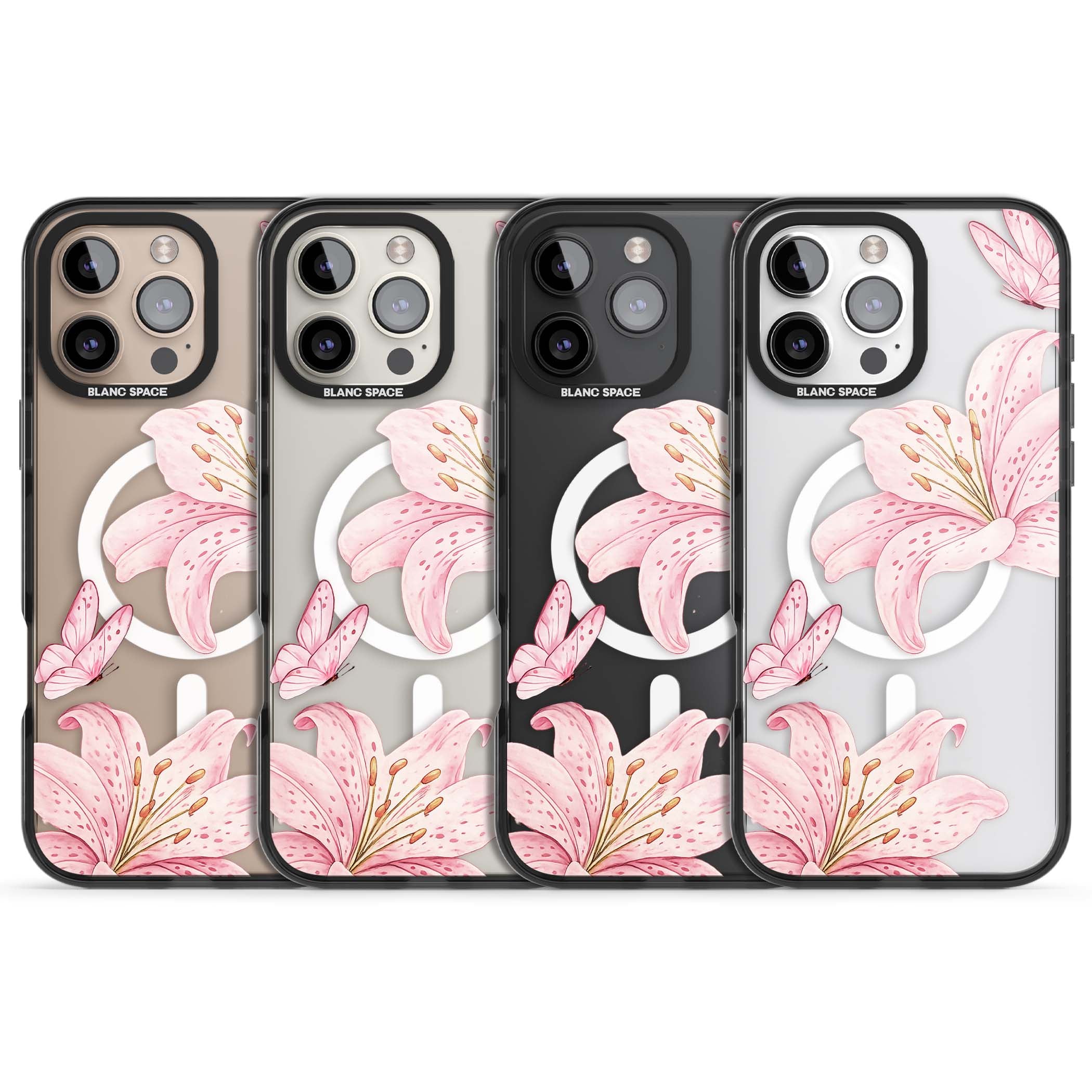 Lily Whisper floral iPhone case featuring pink watercolour lilies and delicate butterflies on a clear background | Black Impact Magsafe case for iPhone 16 Pro, iPhone 16 Pro Max