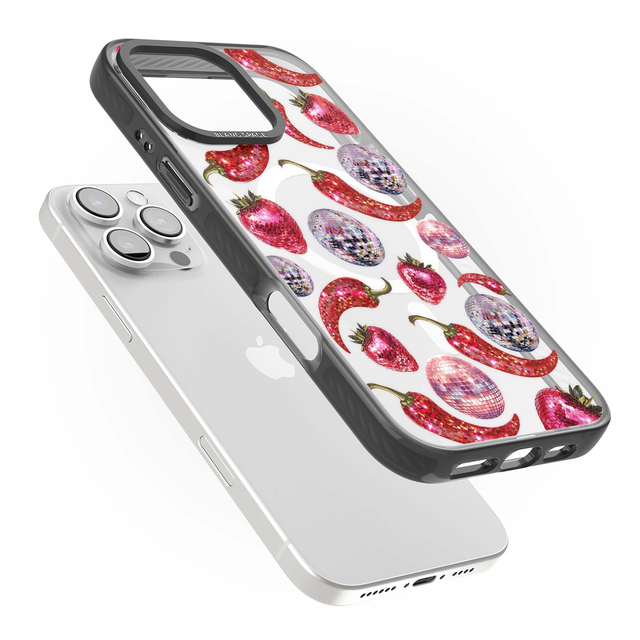 Spicy Disco Y2K iPhone case featuring glitter disco balls, sparkly strawberries and red chilli peppers | Black Impact Magsafe case for iPhone 16 Pro, iPhone 16 Pro Max