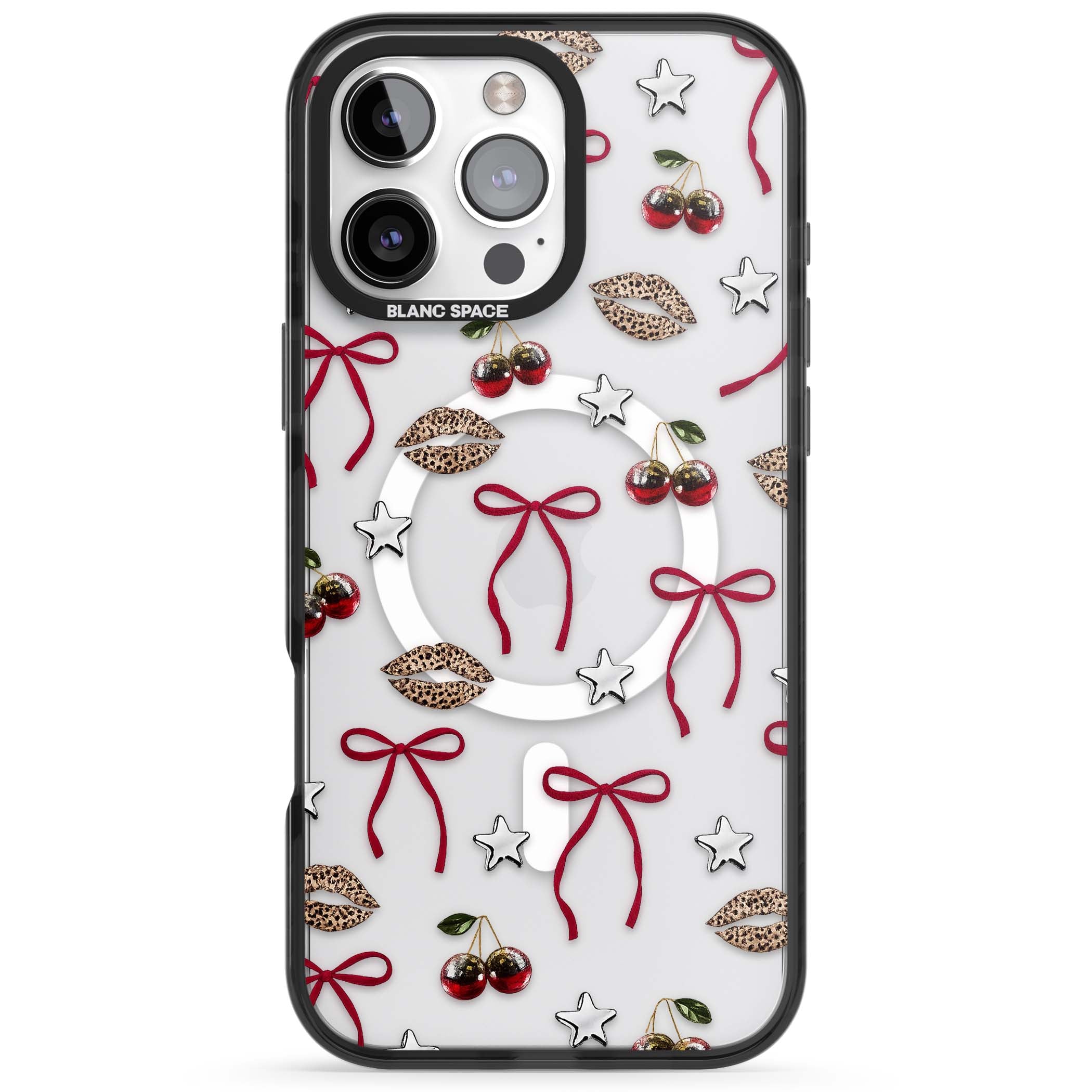 Starlet coquette iPhone case featuring red ribbon bows, disco cherries and leopard-print lips | Black Impact Magsafe case for iPhone 16 Pro, iPhone 16 Pro Max