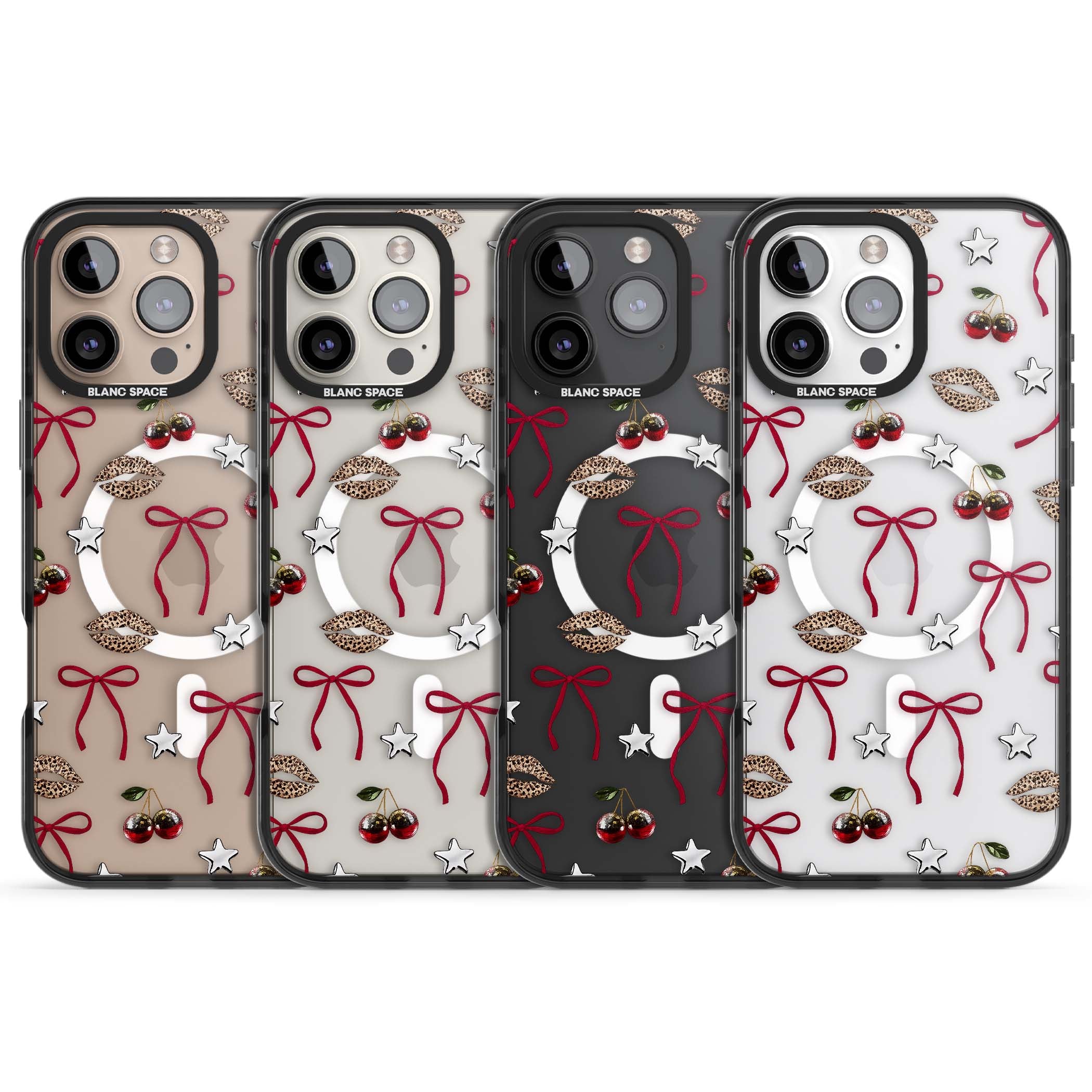 Starlet coquette iPhone case featuring red ribbon bows, disco cherries and leopard-print lips | Black Impact Magsafe case for iPhone 16 Pro, iPhone 16 Pro Max