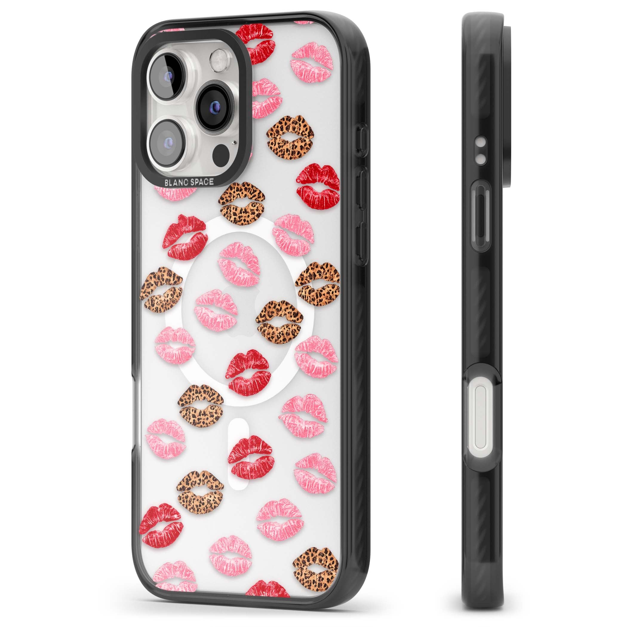 Wild Kisses coquette iPhone case featuring red, pink and leopard print lipstick kiss marks on a clear background | Black Impact Magsafe case for iPhone 16 Pro, iPhone 16 Pro Max