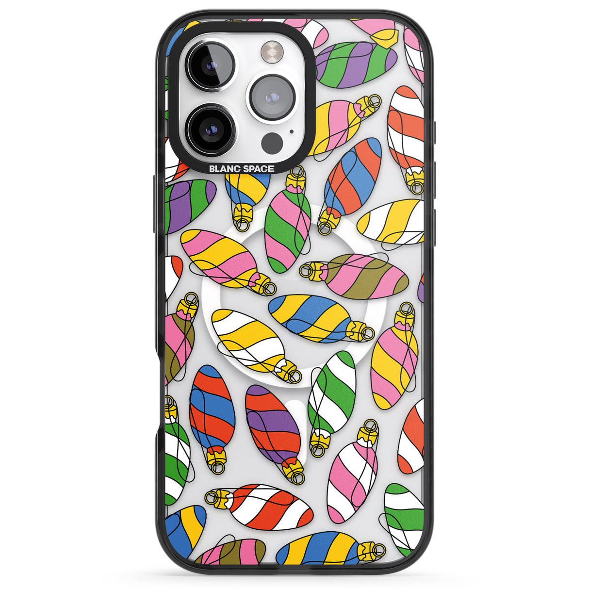 iPhone 16 Pro Max Colourful Holiday Ornaments Black Impact Phone Case