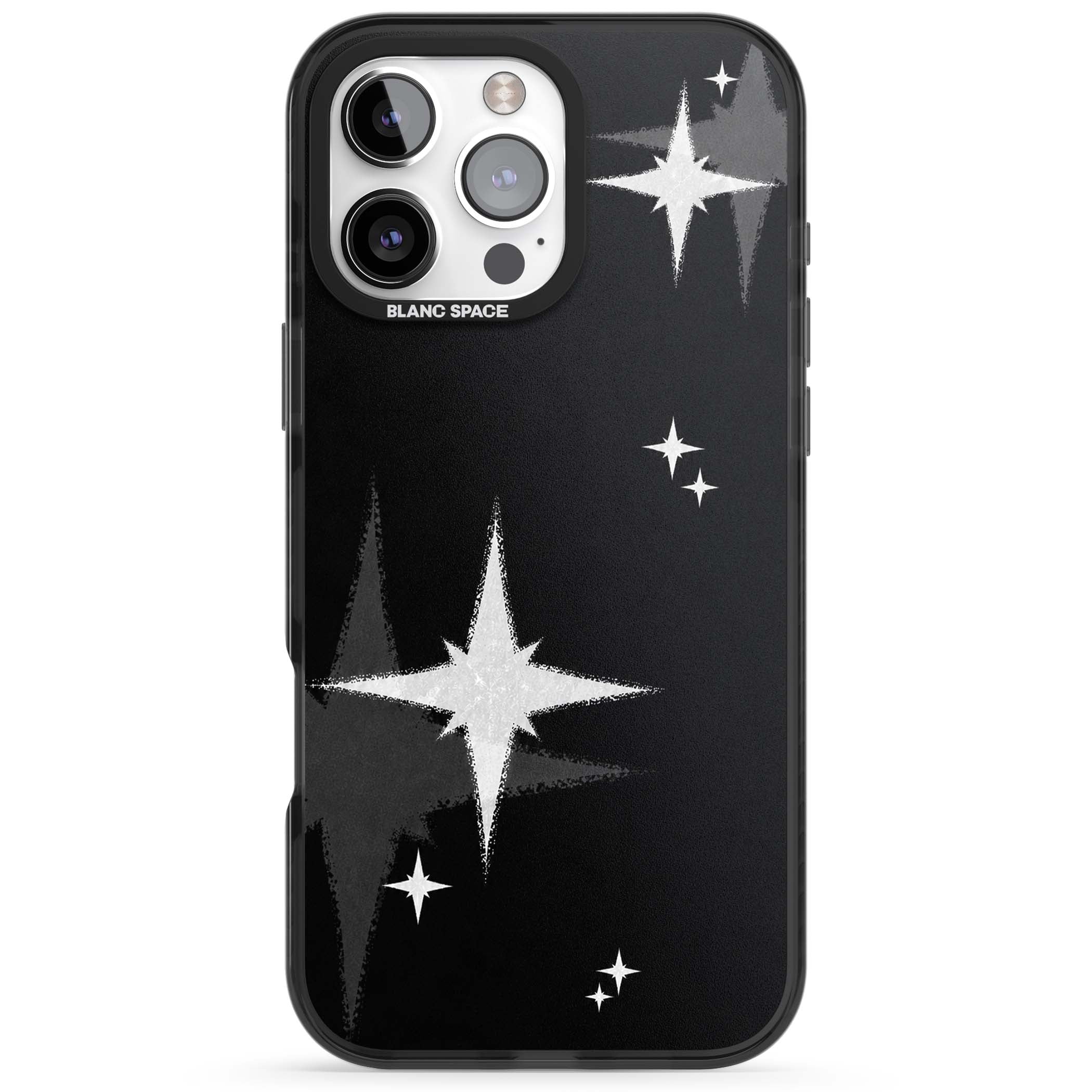 Black Sparkle celestial iPhone case featuring white sparkle stars on a black night sky background | Black Impact Magsafe case for iPhone 16 Pro, iPhone 16 Pro Max