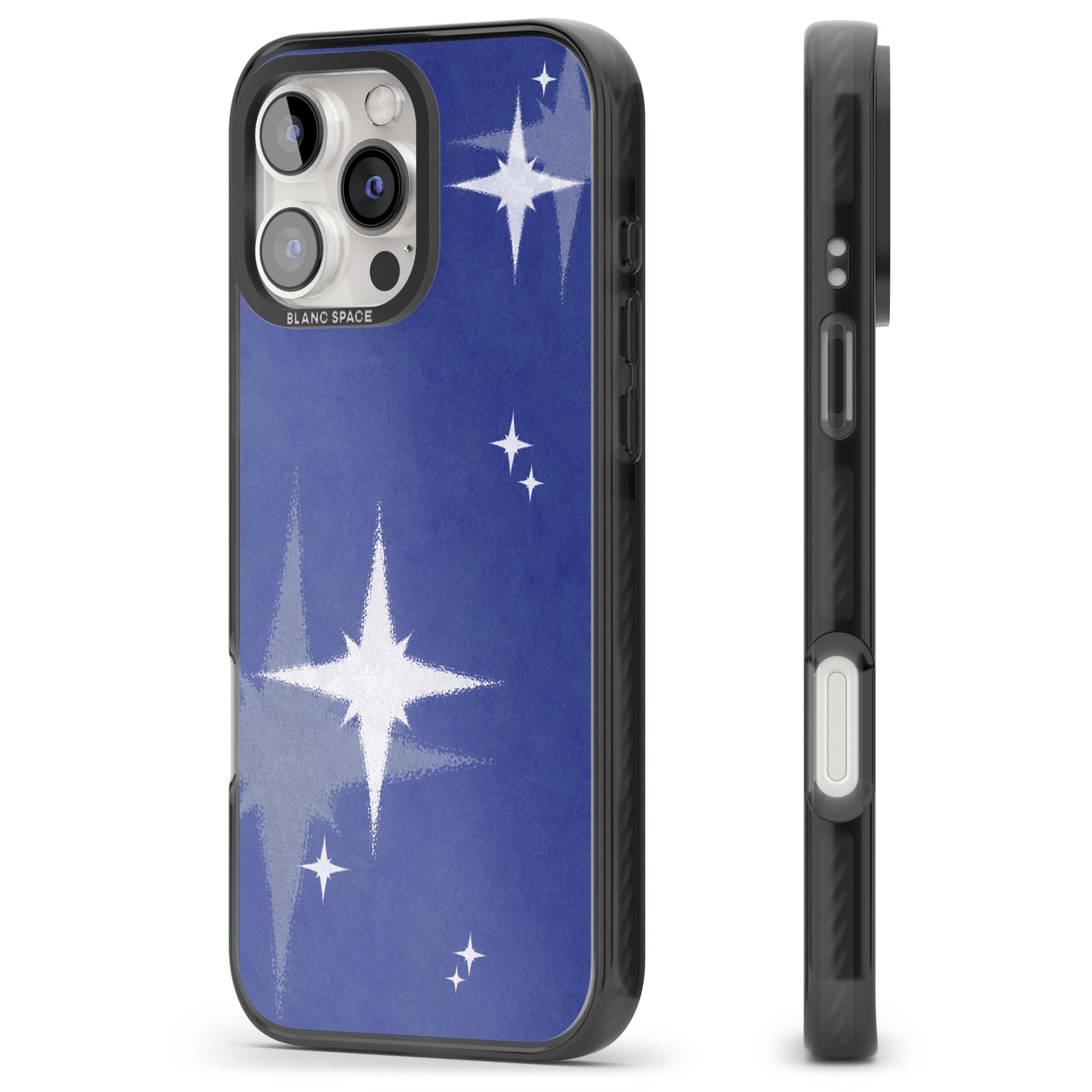 Blue Sparkle celestial iPhone case featuring sparkling silver stars on a deep blue painterly night sky | Black Impact Magsafe case for iPhone 16 Pro, iPhone 16 Pro Max