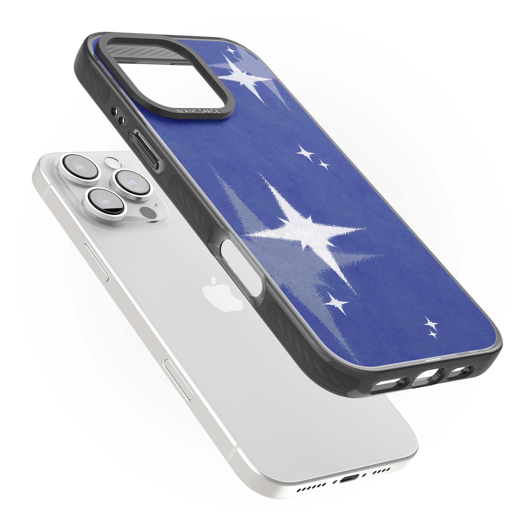Blue Sparkle celestial iPhone case featuring sparkling silver stars on a deep blue painterly night sky | Black Impact Magsafe case for iPhone 16 Pro, iPhone 16 Pro Max