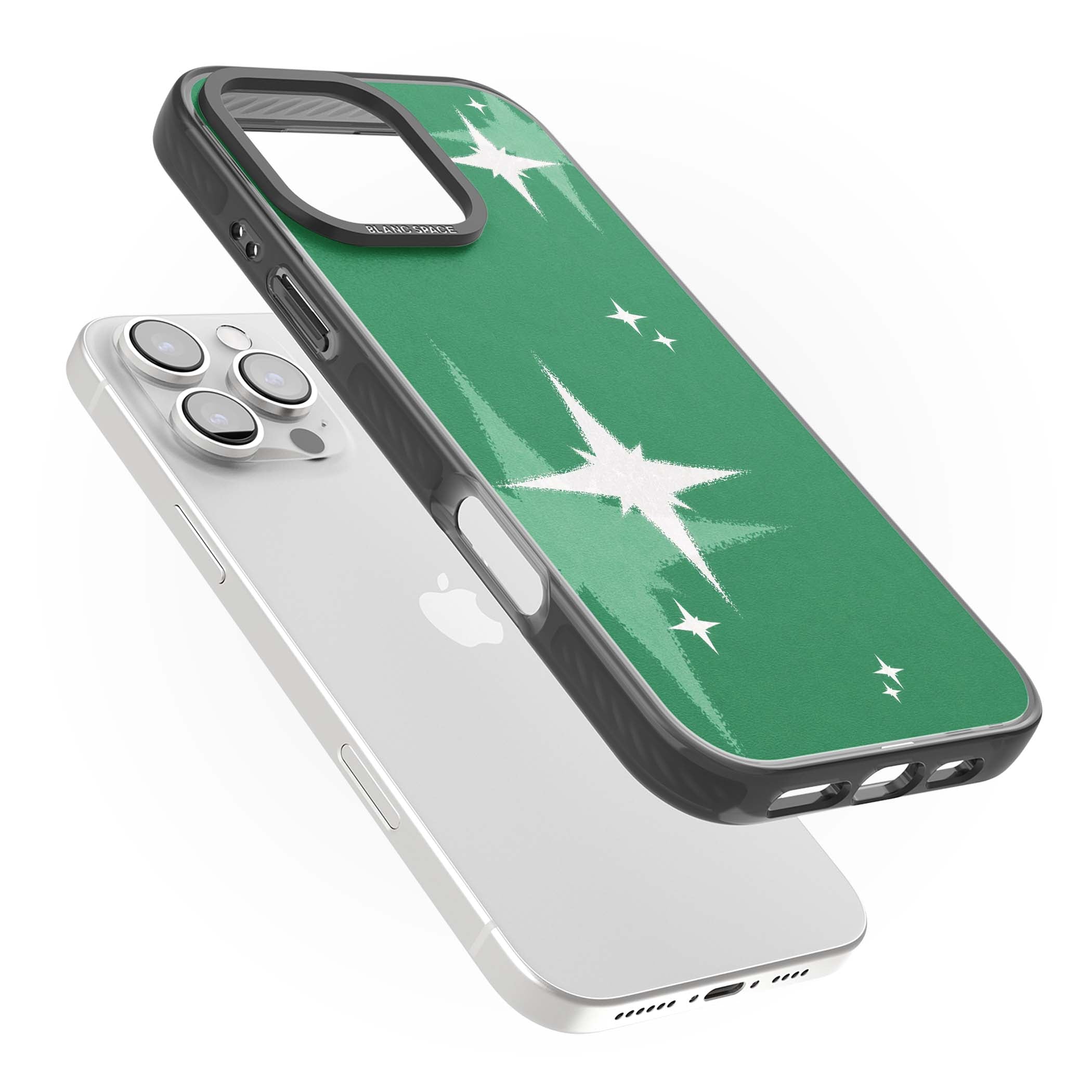 Green Sparkle celestial iPhone case featuring sparkling white four-point stars on a deep green background | Black Impact Magsafe case for iPhone 16 Pro, iPhone 16 Pro Max