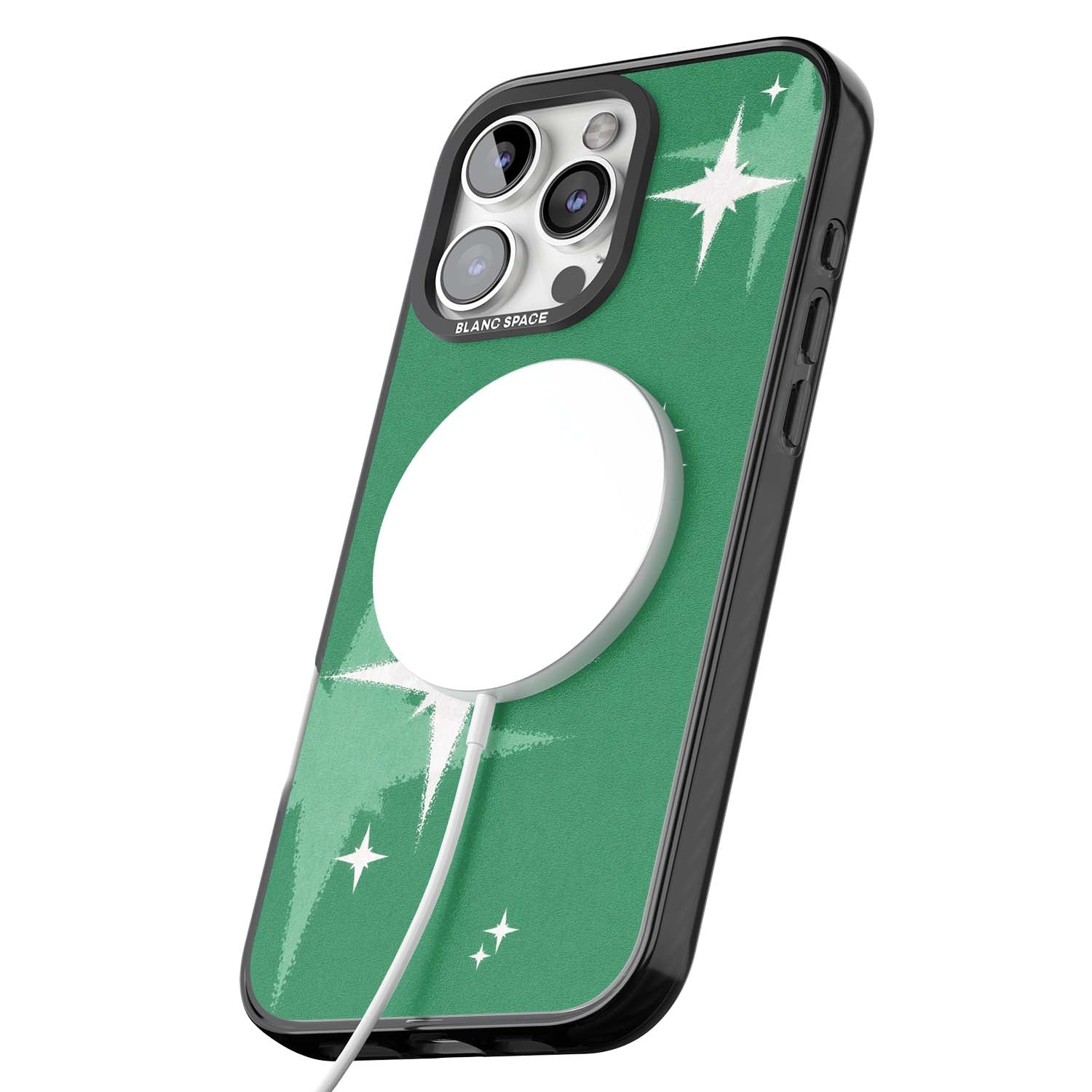 Green Sparkle celestial iPhone case featuring sparkling white four-point stars on a deep green background | Black Impact Magsafe case for iPhone 16 Pro, iPhone 16 Pro Max