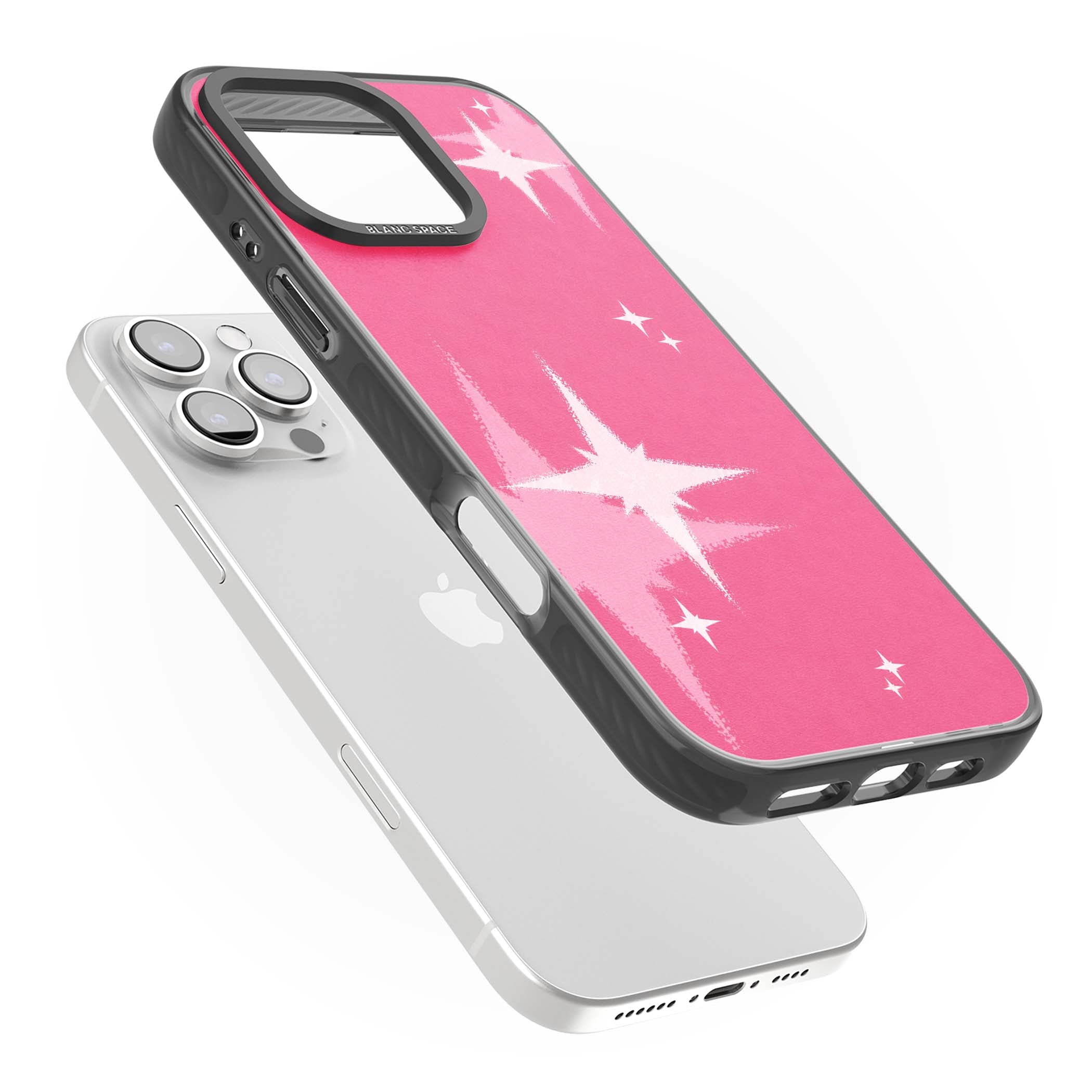 Pink Sparkle Y2K iPhone case featuring hot pink background with shimmering white starburst pattern | Black Impact Magsafe case for iPhone 16 Pro, iPhone 16 Pro Max