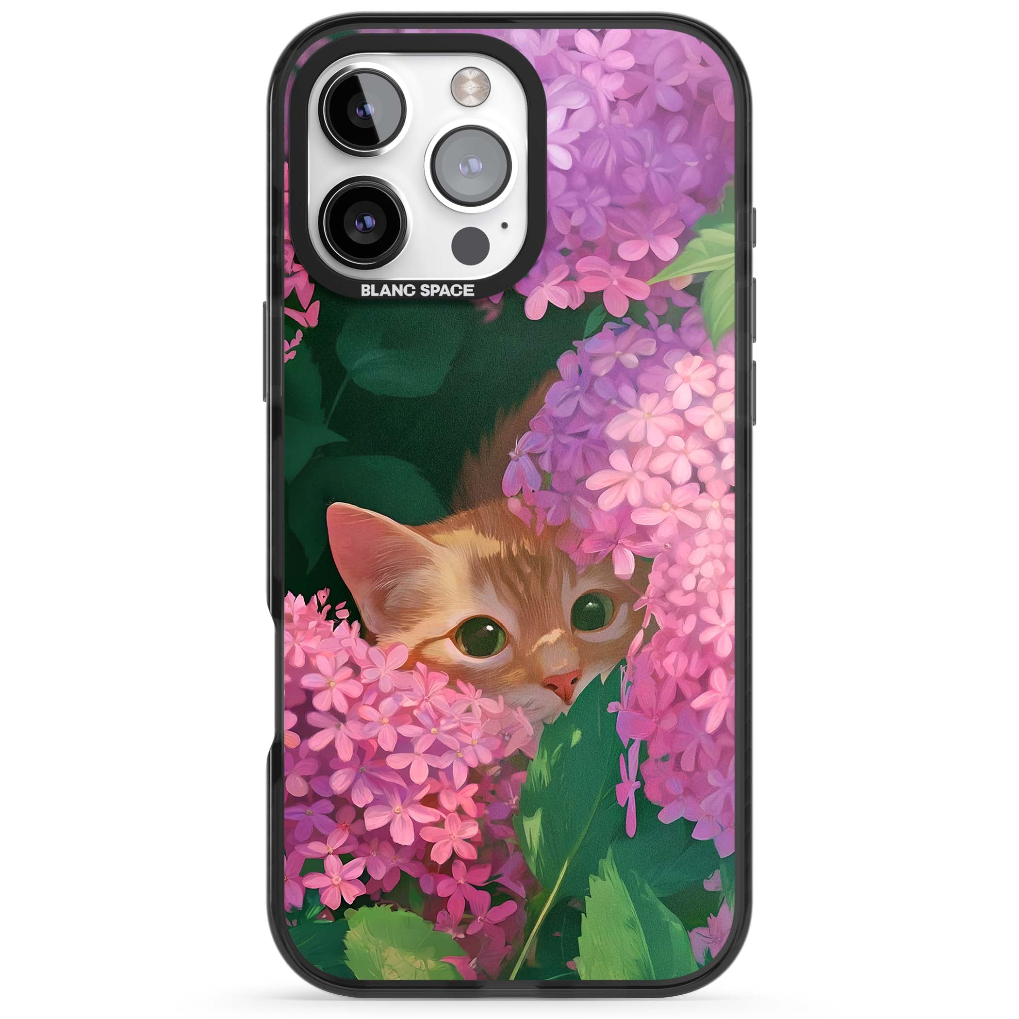 Cat In Pink Flowers cottagecore iPhone case featuring a ginger kitten peeking through lilac and pink hydrangea flo | Black Impact Magsafe case for iPhone 16 Pro, iPhone 16 Pro Max