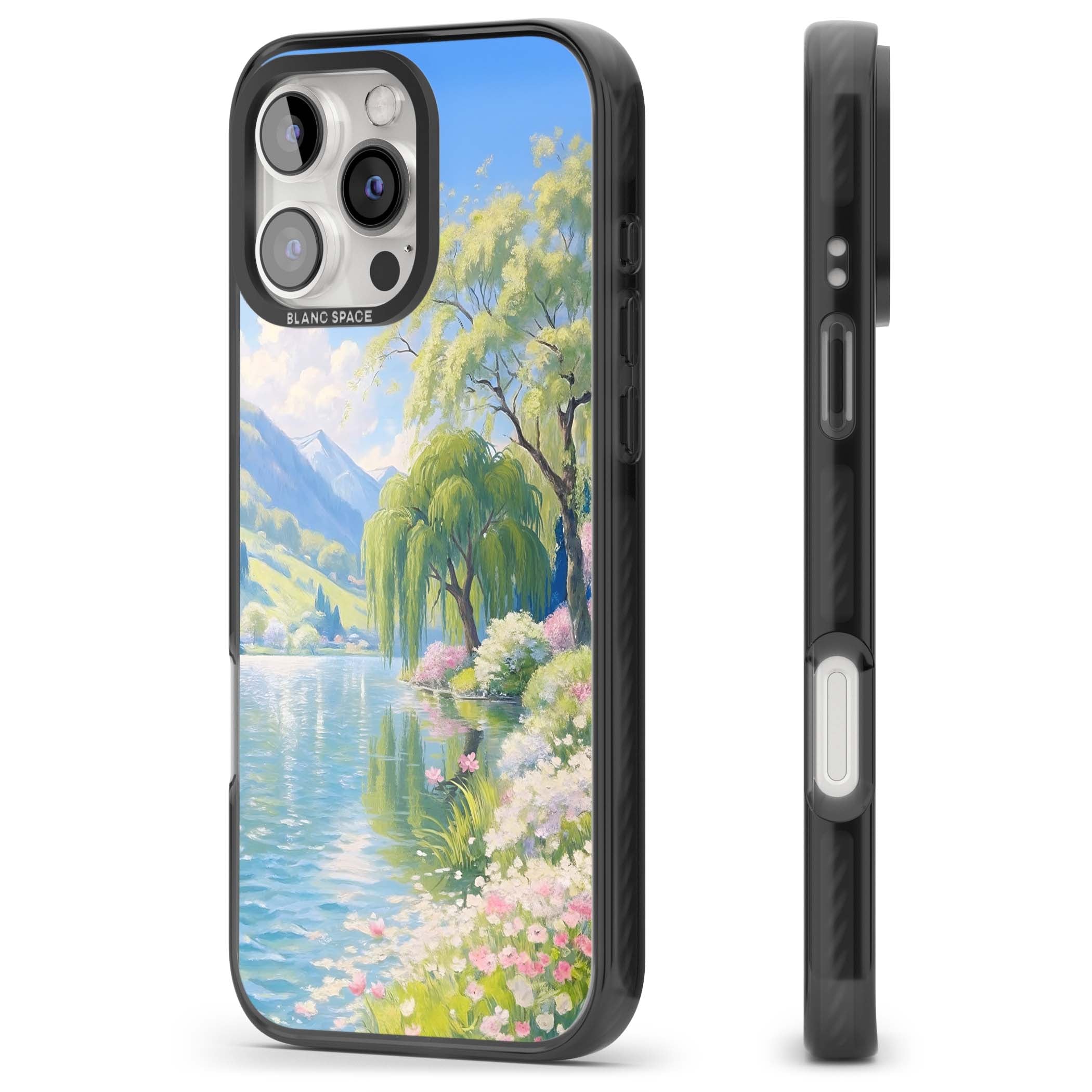 Willow Lake cottagecore iPhone case featuring a painted lakeside with weeping willow, blossoms and distant mountains | Black Impact Magsafe case for iPhone 16 Pro, iPhone 16 Pro Max