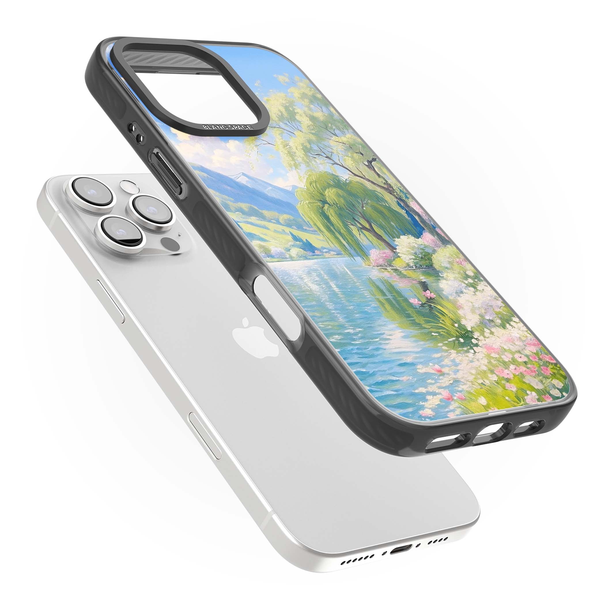 Willow Lake cottagecore iPhone case featuring a painted lakeside with weeping willow, blossoms and distant mountains | Black Impact Magsafe case for iPhone 16 Pro, iPhone 16 Pro Max