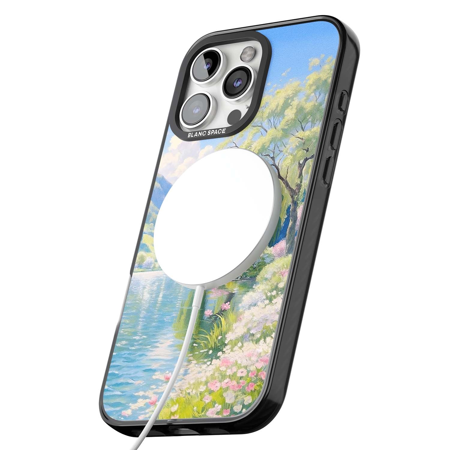 Willow Lake cottagecore iPhone case featuring a painted lakeside with weeping willow, blossoms and distant mountains | Black Impact Magsafe case for iPhone 16 Pro, iPhone 16 Pro Max