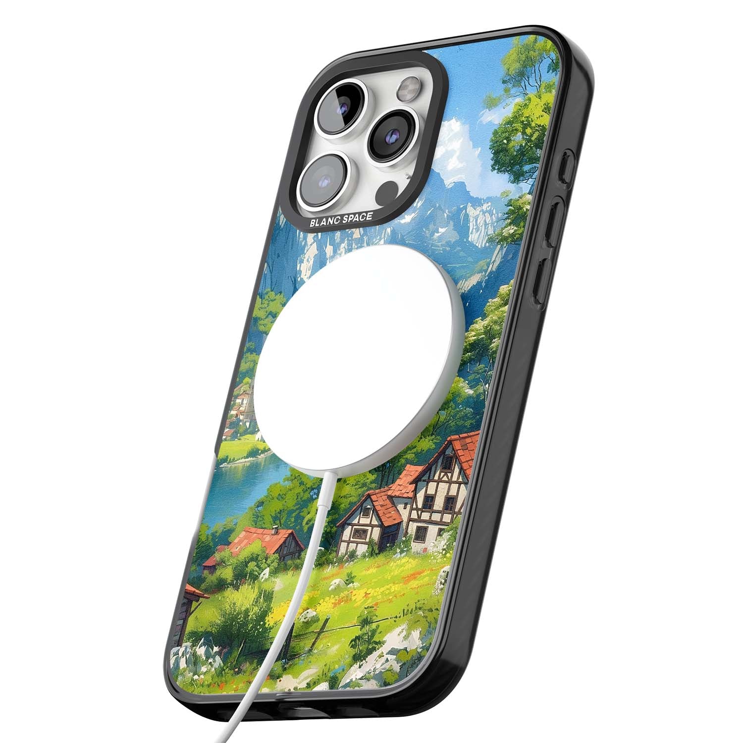 Village In The Valley anime iPhone case featuring a painted mountain village, river valley and half-timbered cottages. | Black Impact Magsafe case for iPhone 16 Pro, iPhone 16 Pro Max