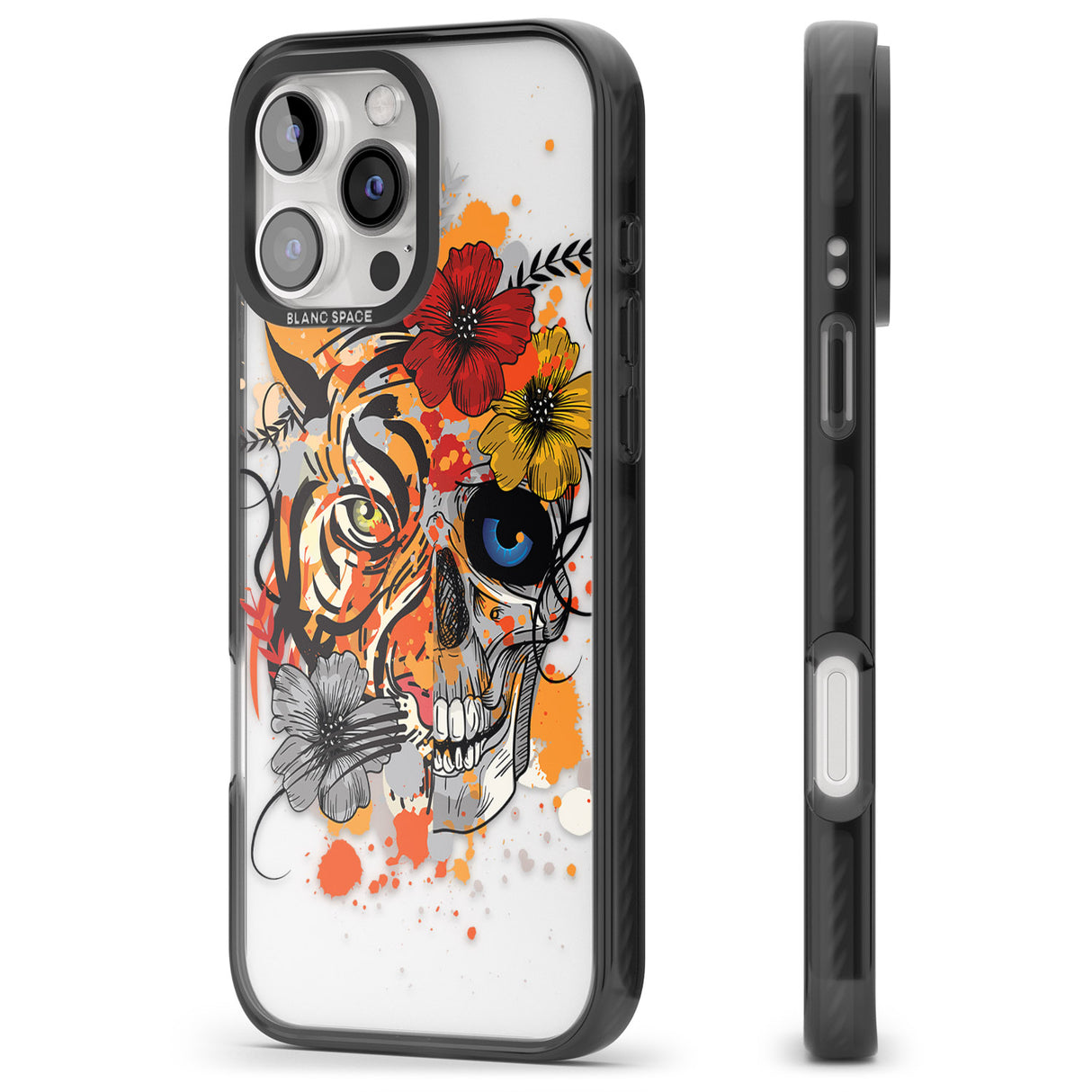 iPhone 16 Pro Max Sugar Skull Tiger Floral Black Impact Phone Case