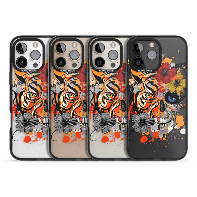 iPhone 16 Pro Max Sugar Skull Tiger Floral Black Impact Phone Case