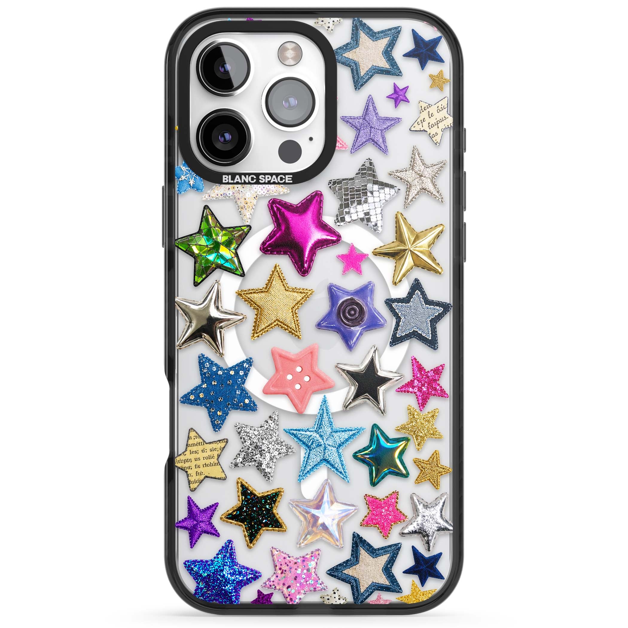 Crafty Star Mix Y2K iPhone case featuring embroidered, sequinned and glitter star patches in rainbow colours | Black Impact Magsafe case for iPhone 16 Pro, iPhone 16 Pro Max