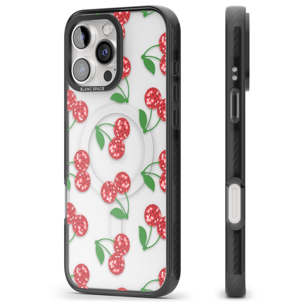 iPhone 16 Pro Max Disco Cherry Pattern Black Impact Phone Case + Magsafe