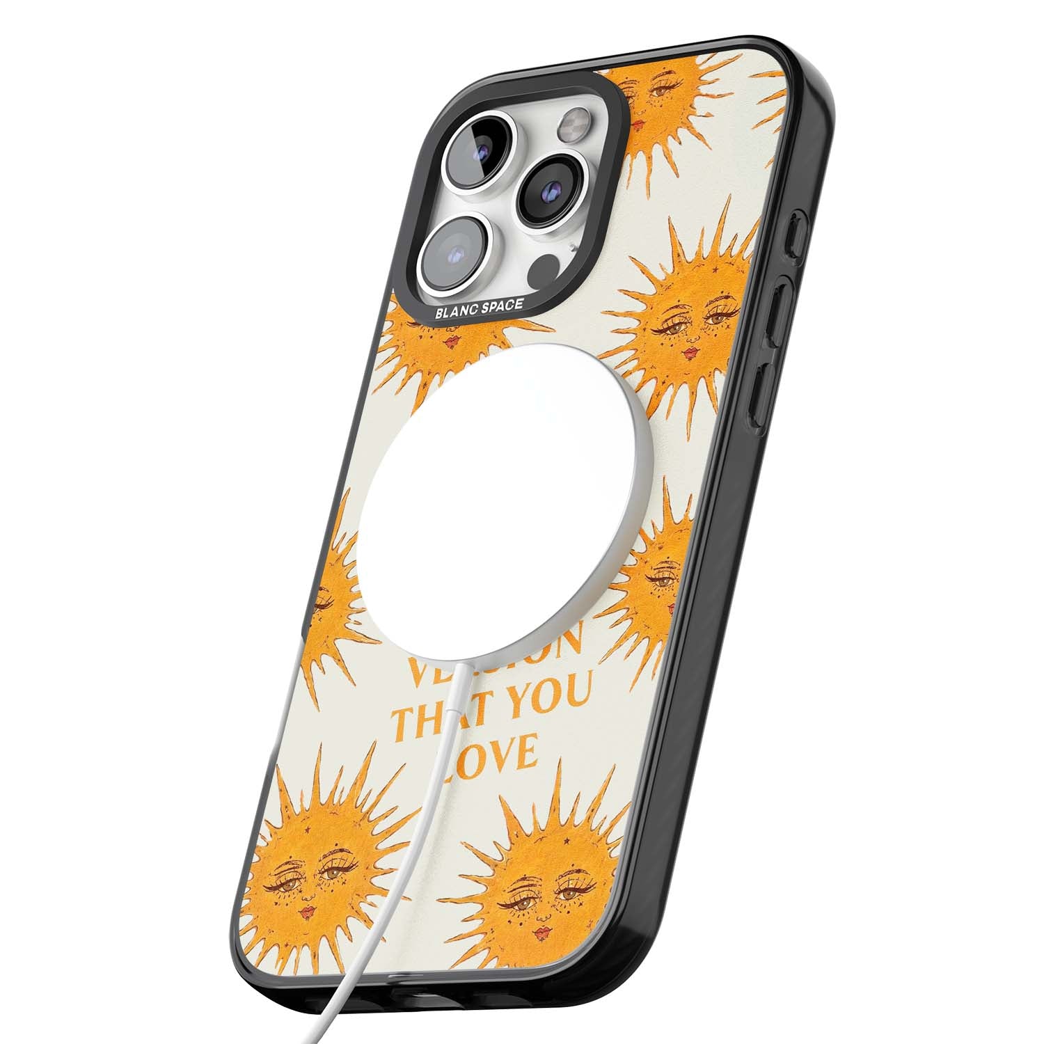 Don't Hate Yourself celestial iPhone case featuring vintage sun faces, ochre rays and a self-love quote | Black Impact Magsafe case for iPhone 16 Pro, iPhone 16 Pro Max