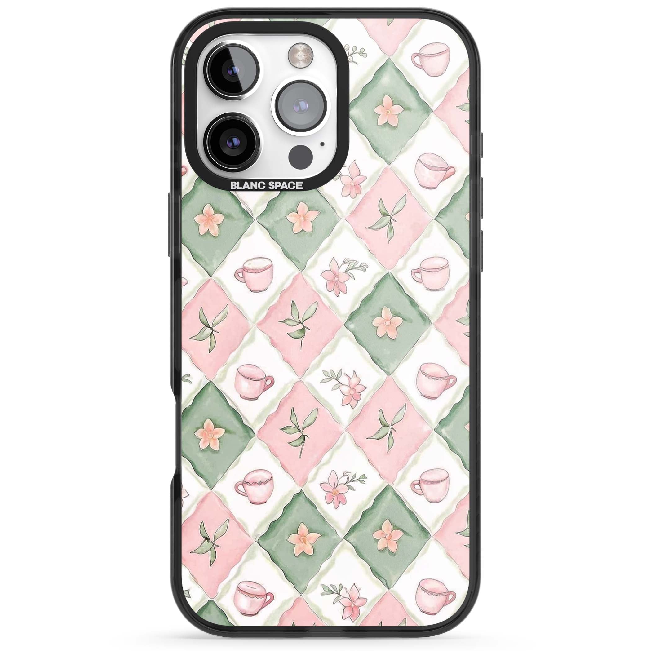Garden Tea Party coquette iPhone case with pink and green checkered pattern, watercolour teacups and wildflowers | Black Impact Magsafe case for iPhone 16 Pro, iPhone 16 Pro Max