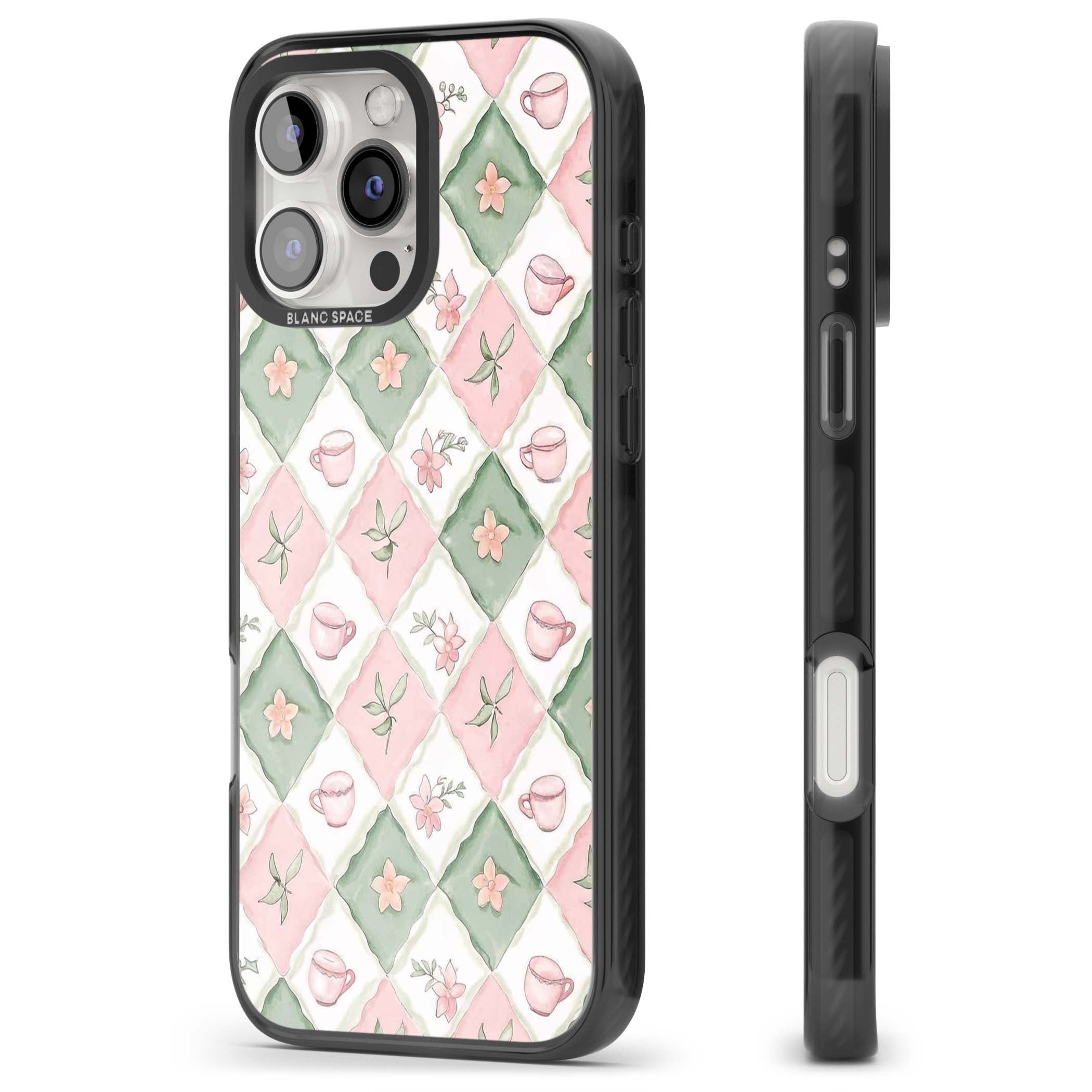 Garden Tea Party coquette iPhone case with pink and green checkered pattern, watercolour teacups and wildflowers | Black Impact Magsafe case for iPhone 16 Pro, iPhone 16 Pro Max
