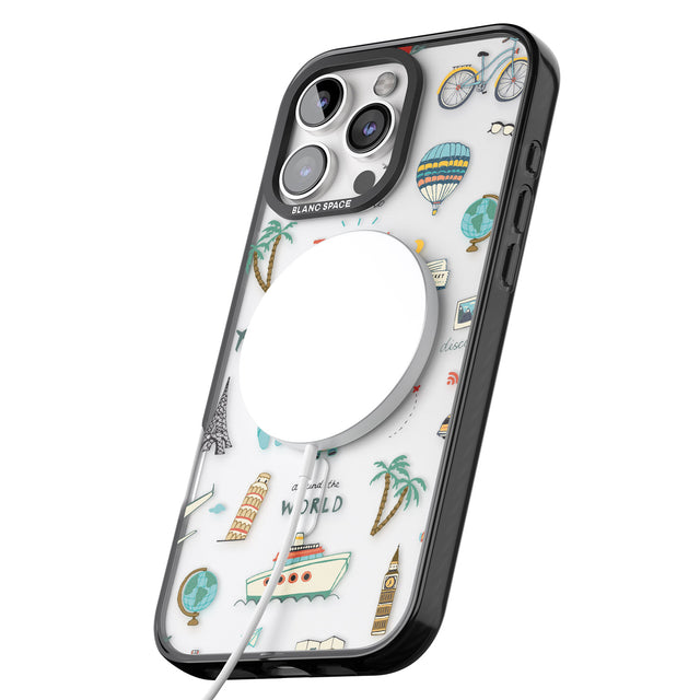 iPhone 16 Pro Max Cute Travel Pattern Transparent Black Impact Phone Case