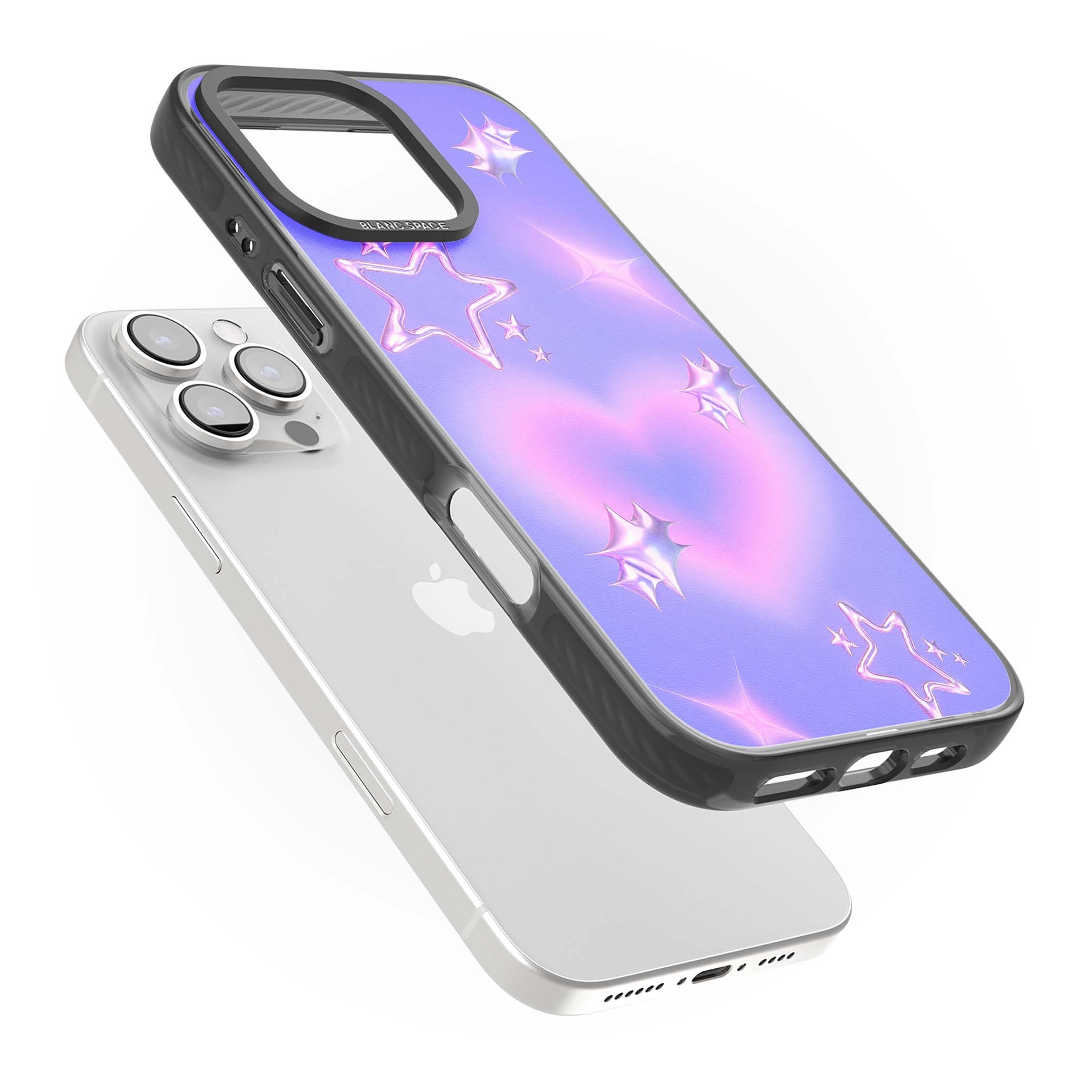 Soft Sugar Y2K iPhone case featuring iridescent chrome hearts, metallic pink stars and a lavender gradient sky | Black Impact Magsafe case for iPhone 16 Pro, iPhone 16 Pro Max